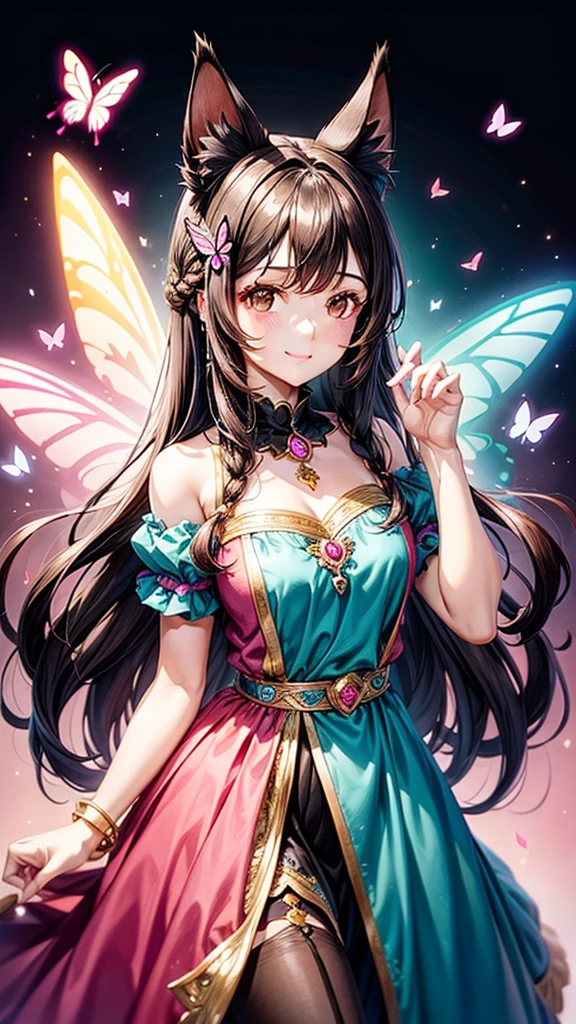 Dark hair, brown eyes, older woman, long thick hair, hair ornaments, happy, cat ears, dress outfit, pink and teal backgrounds, pose, abstract background, fantasy outfits, butterflies
