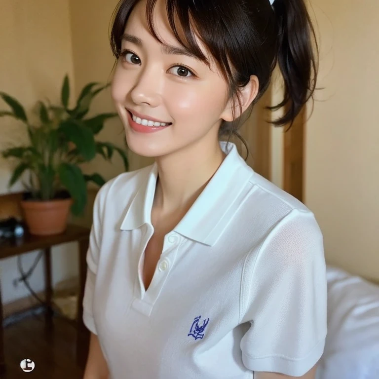 (Masterpiece, Best quality: 1.2), (Aerial shot: 1.3), (From side: 1.3), Looking at viewer, Natural light, 30 years old actress, Japanese women, Neat and clean, ((Wearing white tennis uniform, White polo shirt with collar, Not buttoning the polo shirt, White tennis Skirt, White pleated mini skirt: 1.2)), (High ponytail: 1.2) Medium wavy hair, (Beautiful Face), Glossy brown hair color, clear, (Beautiful detailed eyes, Kind eyes), (Clear skin), Small face, Beautiful small mouth, no makeup, Approachable, Hotel rooms, On bed, White socks, Seductive smile, Seductive pose,