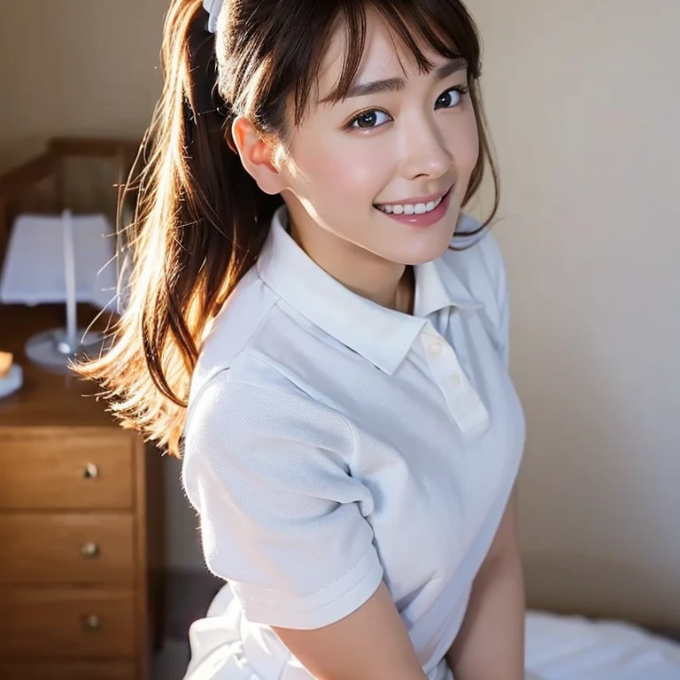 (Masterpiece, Best quality: 1.2), (Aerial shot: 1.3), (From side: 1.3), Looking at viewer, Natural light, 30 years old actress, Japanese women, Neat and clean, ((Wearing white tennis uniform, White polo shirt with collar, Not buttoning the polo shirt, White tennis Skirt, White pleated mini skirt: 1.2)), (High ponytail: 1.2) Medium wavy hair, (Beautiful Face), Glossy brown hair color, clear, (Beautiful detailed eyes, Kind eyes), (Clear skin), Small face, Beautiful small mouth, no makeup, Approachable, Hotel rooms, On bed, White socks, Seductive smile, Seductive pose,