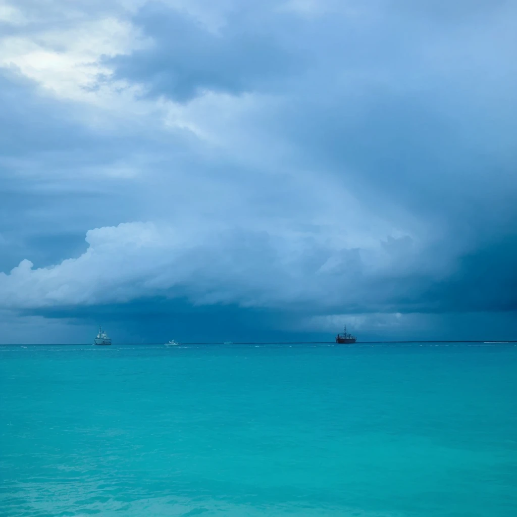 Beautiful ocean with a ship and the cloudy sky about to rain