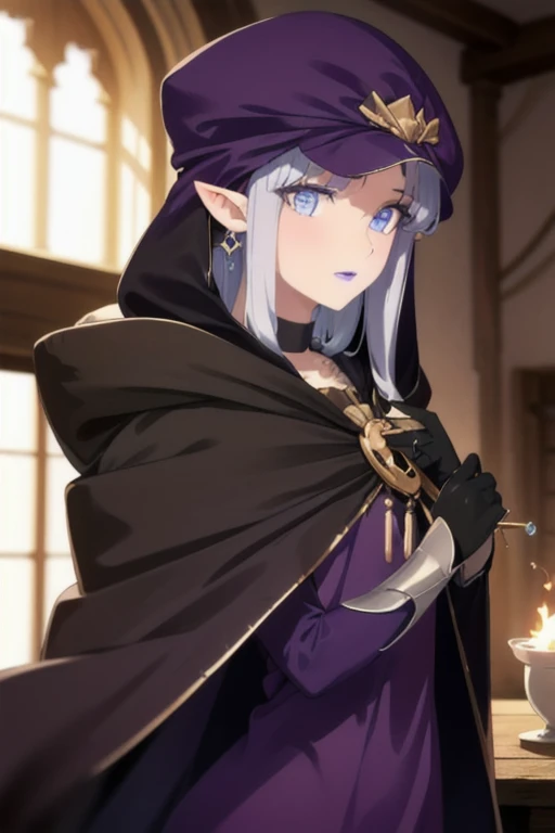 (masterpiece, sidelighting, finely detailed beautiful eyes: 1.2), glowing eyes, shiny hair, MedeaRobe, cloak, gloves, MedeaCas, blue eyes, purple lips, pointy ears, choker, hood, jewelry, magic, ring, robe, solo, room,