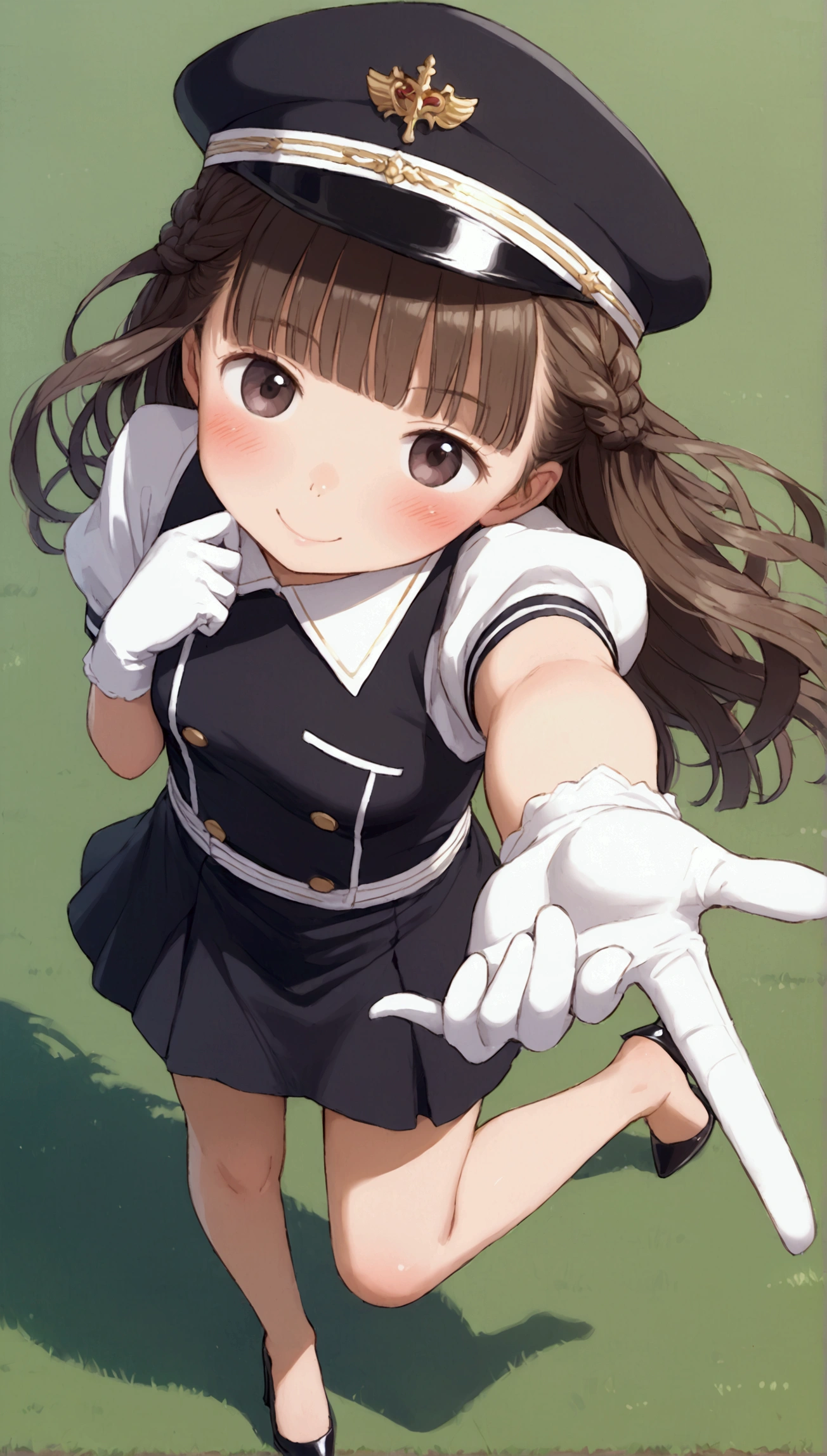 {Highest quality}, {Super beautiful},{Ultra fine},{Best illustration},Brown Hair,Hime cut,long hair,Braid,One woman,Standing Woman,Strike a pose,smile,smilingly,Uniform cap,White Shirt,Short sleeve,Long black skirt,White gloves,at the park,Blushing,Slender,Black stiletto heels,barefoot,One leg bent,From an angle,from the front
