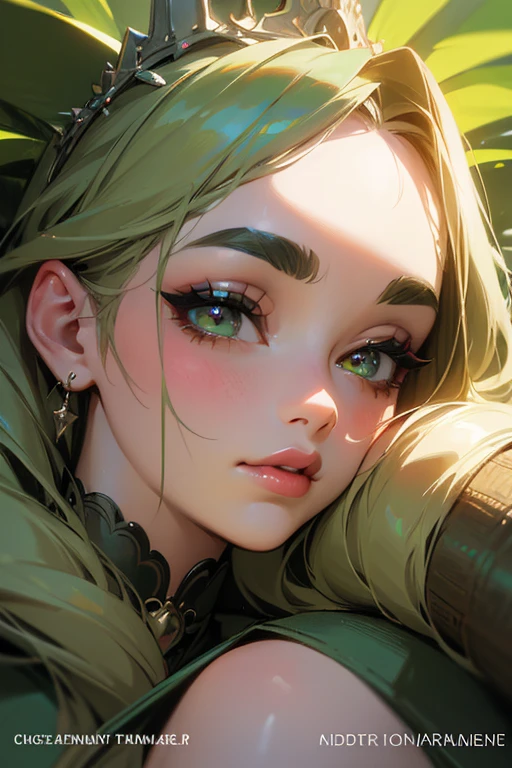 (Highest quality, masterpiece:1.2), High resolution, Very detailed, Realistic:1.37, Fantasy, An illustration, Green Eyes、Queen, Platinum decoration、beautifully、Eyeshadow Red、Thick eyebrows、Long eyelashes、pupils are black、Her hair is light green、Embarrassing、people々Loved by、Shoulder Bare、Braiding、((Swimwear)).(The image of the face remains the same),((Kiss with your eyes closed)).