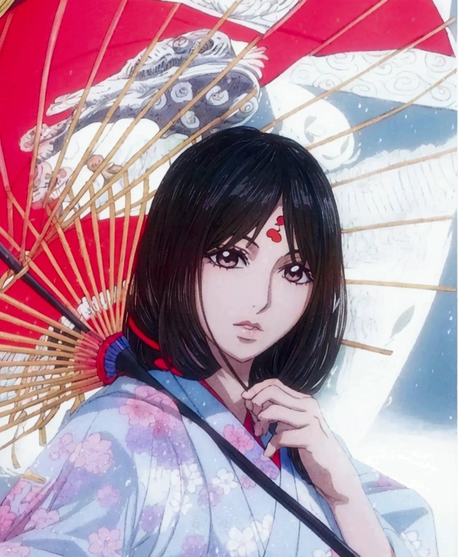 one piece style, araffe asian woman in kimono with a red umbrella, in kimono, shikamimi, japaneese style, anime style mixed with fujifilm, japanese model, traditional japanese, white hime cut hairstyle, japanese style, japanese art style, beautiful japanese girls face, sakimichan, japanese kimono, shinsui ito, wearing kimono, japanic style, in a kimono