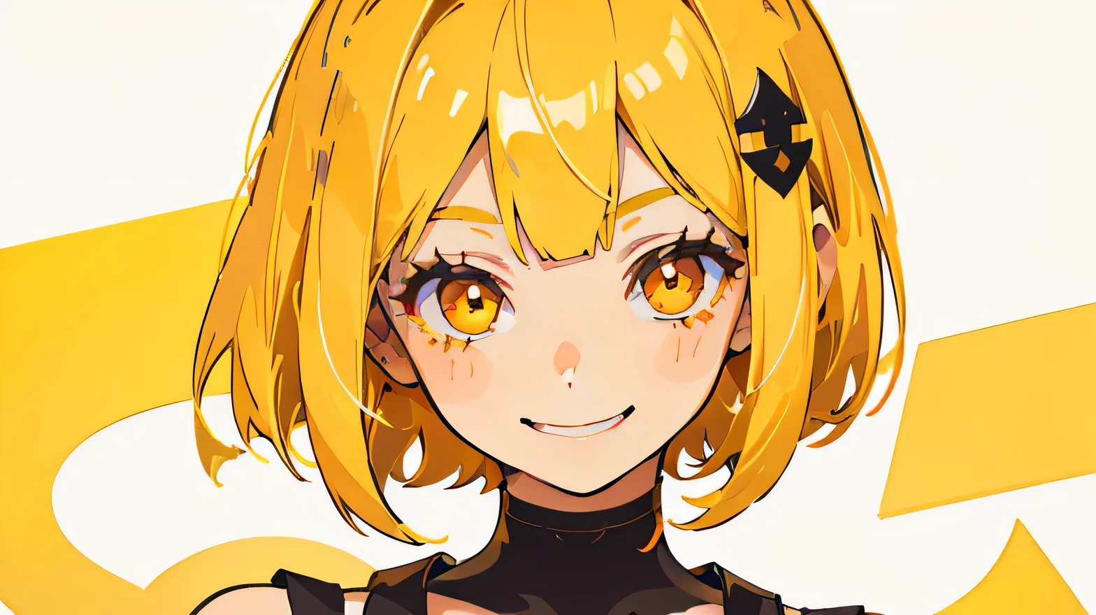  (masterpiece, Highest quality), one cute girl, the girl wearing (casual and cute clothes), yellow Eyes, yellow hair, bob cut, hair ornament, hair intakes, ((big smile)), (((bold outline))), Vector art, flat color, watercolor style