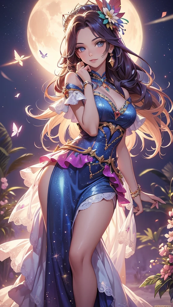 (best quality,4k,8k,highres,masterpiece:1.2),ultra-detailed,(realistic,photorealistic,photo-realistic:1.37),acrylic painting,beautiful Brazilian model in a ta dress with downy hair,beautiful Brazilian model with extremely colorful hair and detailed facial features,beautiful Brazilian model standing in a beautiful garden surrounded by a starry sky,beautiful Brazilian model wearing a vibrant Loliress,beautiful Brazilian model with intricate accessories and a matching hat,beautiful Brazilian model posing gracefully with her hands on her hips,beautiful Brazilian model with long flowing twintails,beautiful Brazilian model with bright blue eyes and rosy lips,beautiful Brazilian model with a joyful expression,beautiful Brazilian model in a dynamic pose with cherry blossoms falling around her,beautiful Brazilian model surrounded by colorful flowers and butterflies,beautiful Brazilian model's dress adorned with cute bows and lace details,beautiful Brazilian model with an enchanting smile,beautiful Brazilian model with soft, pastel-colored shading,beautiful Brazilian model with a magical glow illuminating her,beautiful Brazilian model in a picturesque setting with a winding path leading to a magnificent castle,beautiful Brazilian model holding a microphone and singing passionately,beautiful Brazilian model with a fairytale-like background,beautiful Brazilian model with a soft, dreamy atmosphere,beautiful Brazilian model with a subtle bokeh effect,beautiful Brazilian model standing under a moonlit sky,beautiful Brazilian model with a warm, golden sunset in the background,beautiful Brazilian model surrounded by twinkling stars and colorful nebulae,creating an ethereal and captivating artistic masterpiece.