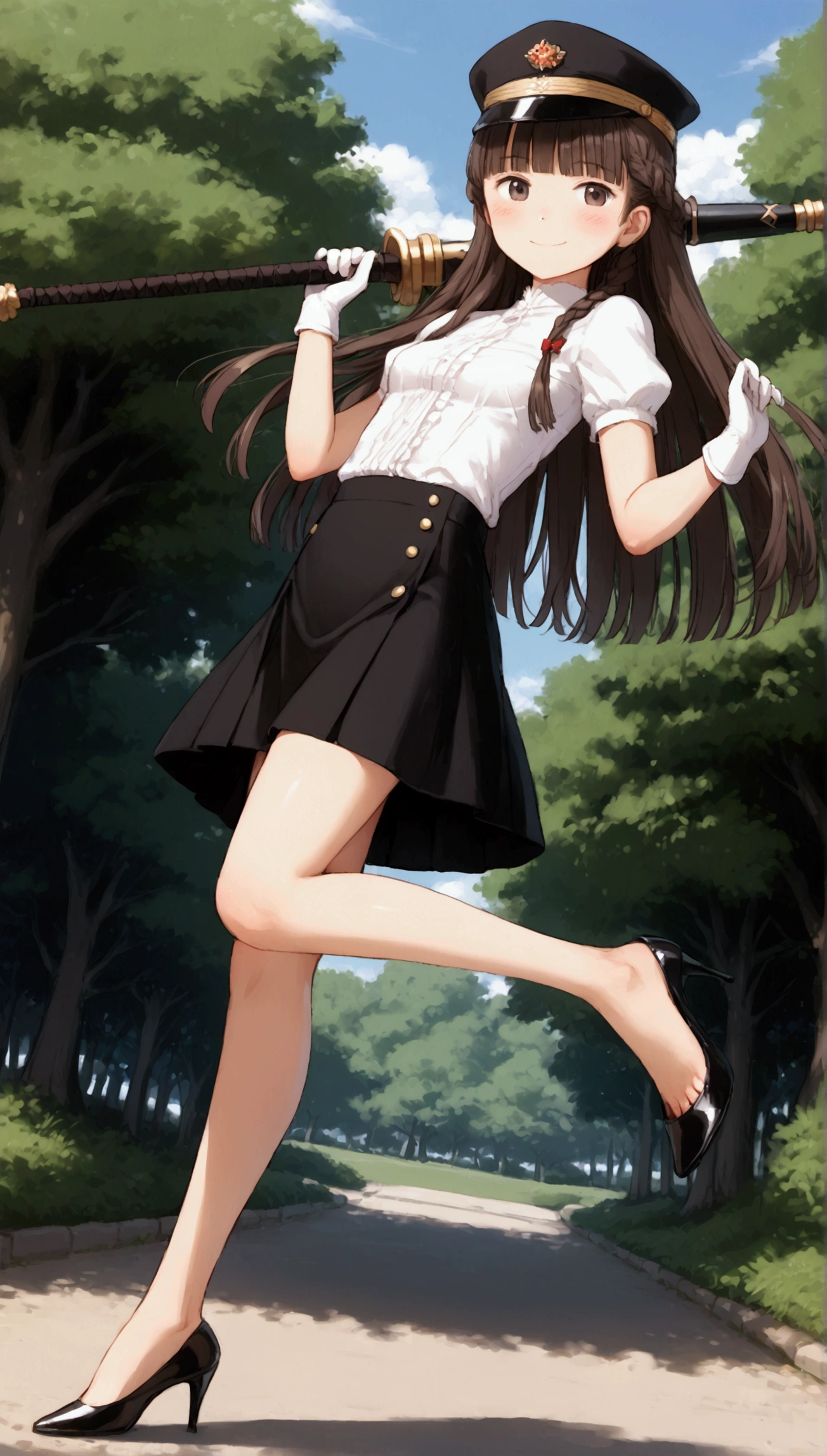 {Highest quality}, {Super beautiful},{Ultra fine},{Best illustration},Brown Hair,Hime cut,long hair,Braid,One woman,Standing Woman,Strike a pose,smile,smilingly,Uniform cap,White Shirt,Short sleeve,Long black skirt,White gloves,at the park,Blushing,Slender,Black stiletto heels,barefoot,One leg bent,From an angle,from the front,Carrying a weapon