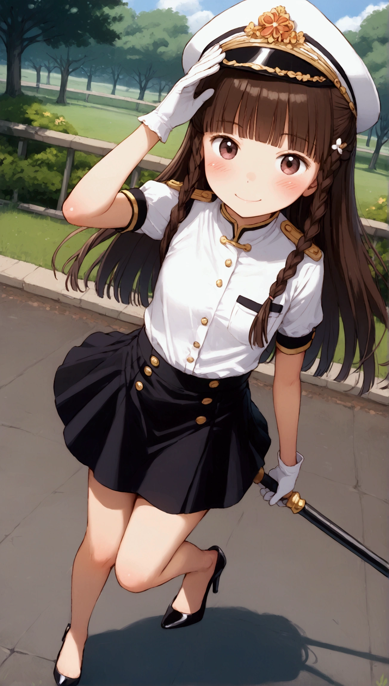 {Highest quality}, {Super beautiful},{Ultra fine},{Best illustration},Brown Hair,Hime cut,long hair,Braid,One woman,Standing Woman,Strike a pose,smile,smilingly,Uniform cap,White Shirt,Short sleeve,Long black skirt,White gloves,at the park,Blushing,Slender,Black stiletto heels,barefoot,One leg bent,From an angle,from the front,Carrying a weapon