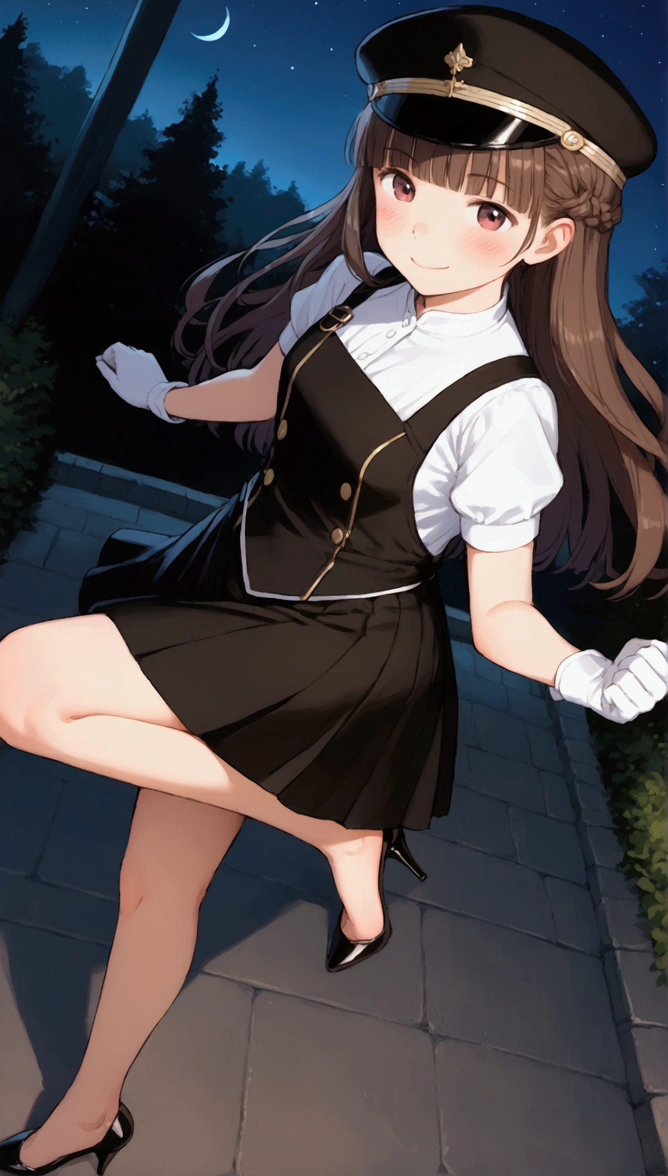 {Highest quality}, {Super beautiful},{Ultra fine},{Best illustration},Brown Hair,Hime cut,long hair,Braid,One woman,Standing Woman,Strike a pose,smile,smilingly,Uniform cap,White Shirt,Short sleeve,Long black skirt,White gloves,at the park,Blushing,Slender,Black stiletto heels,barefoot,One leg bent,From an angle,from the front,From above