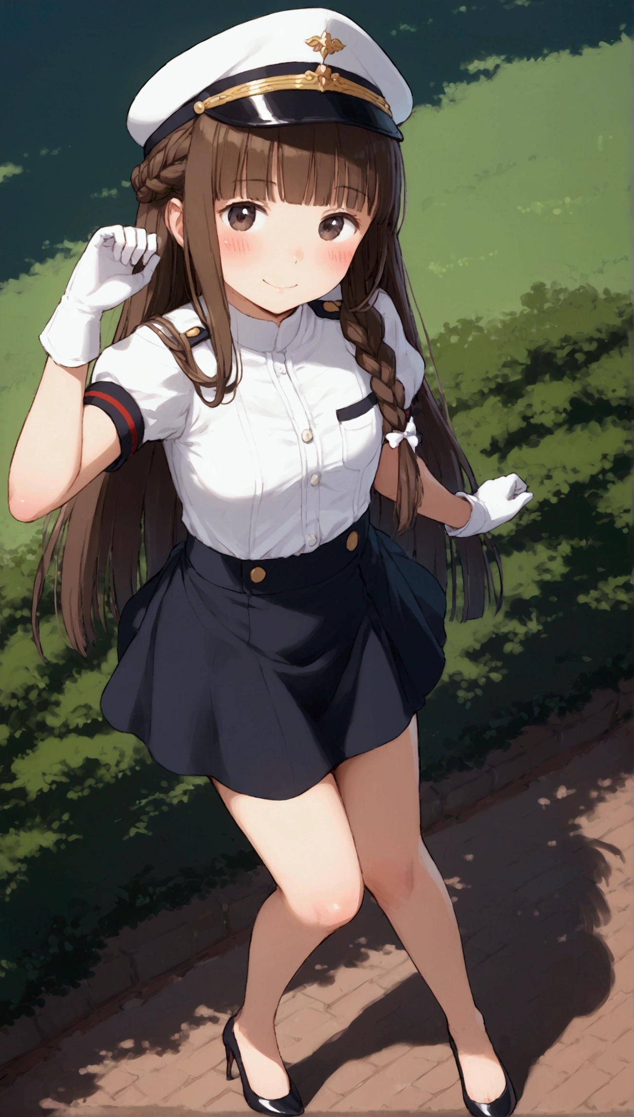 {Highest quality}, {Super beautiful},{Ultra fine},{Best illustration},Brown Hair,Hime cut,long hair,Braid,One woman,Standing Woman,Strike a pose,smile,smilingly,Uniform cap,White Shirt,Short sleeve,Long black skirt,White gloves,at the park,Blushing,Slender,Black stiletto heels,barefoot,One leg bent,From an angle,from the front,From above