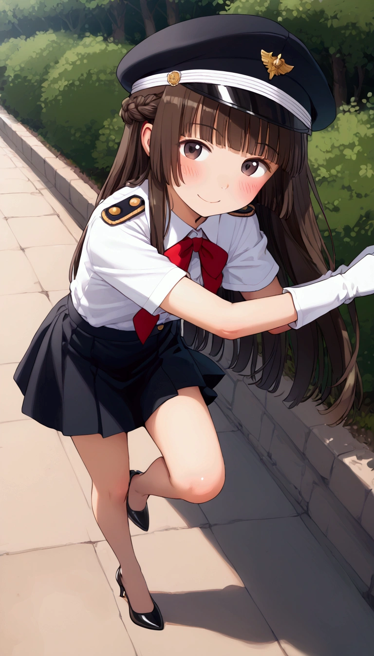 {Highest quality}, {Super beautiful},{Ultra fine},{Best illustration},Brown Hair,Hime cut,long hair,Braid,One woman,Standing Woman,Strike a pose,smile,smilingly,Uniform cap,White Shirt,Short sleeve,Long black skirt,White gloves,at the park,Blushing,Slender,Black stiletto heels,barefoot,One leg bent,From an angle,from the front,From above