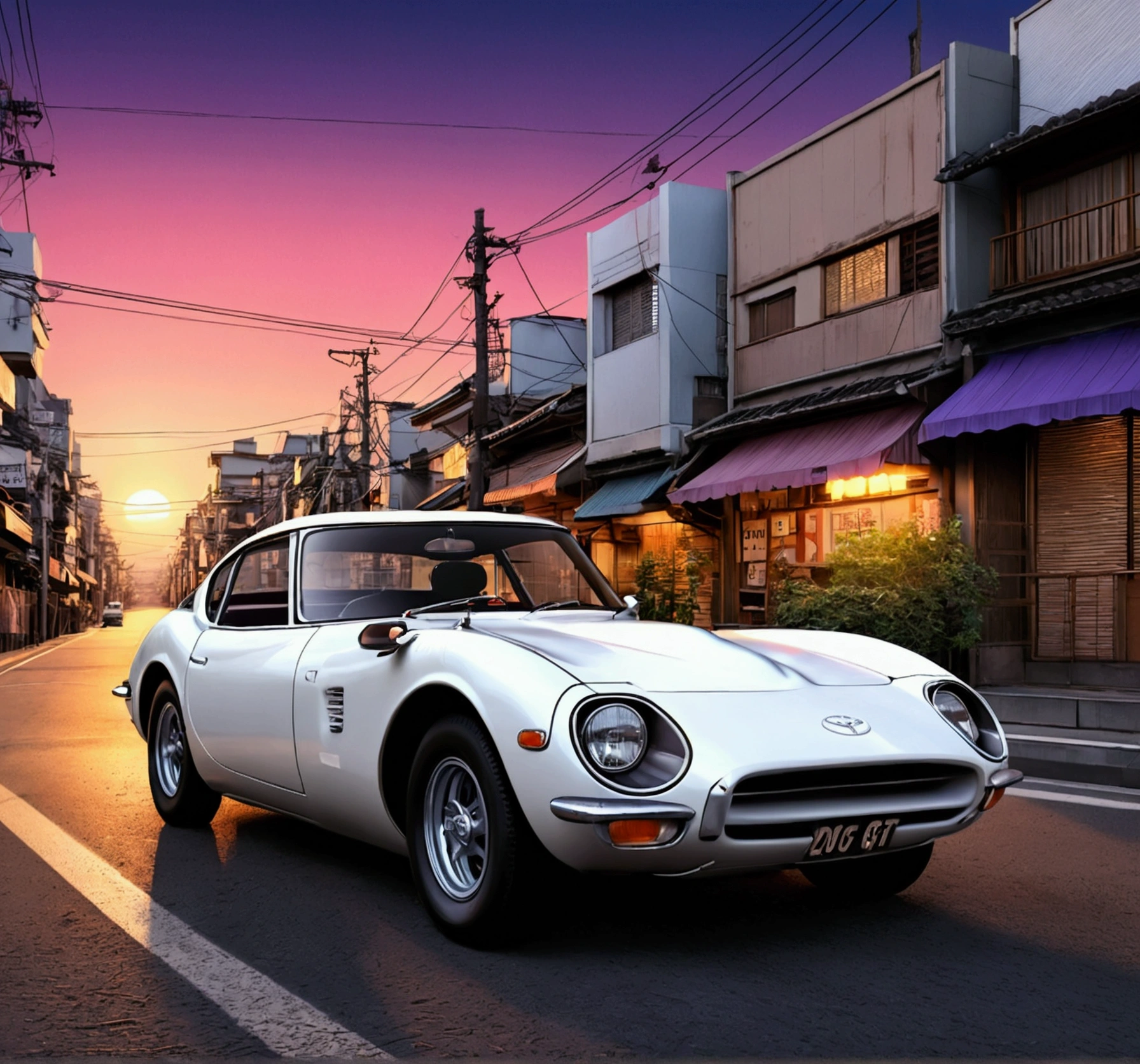nsfw, (masterpiece:1.2, highest quality), nostaljic illustration, 1 car on the street, (((toyota 2000gt))), open top, white car, 007, 1950 tokyo city, sunset, purple sky,