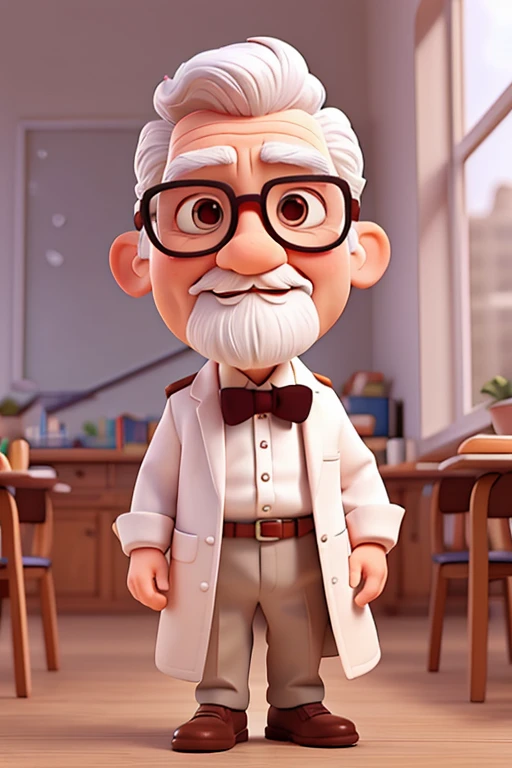 Pixar style image, short little man, 70 years old, He has a white beard, white mustache, white curly hair, teacher, wearing white coat and bow tie, wear glasses
