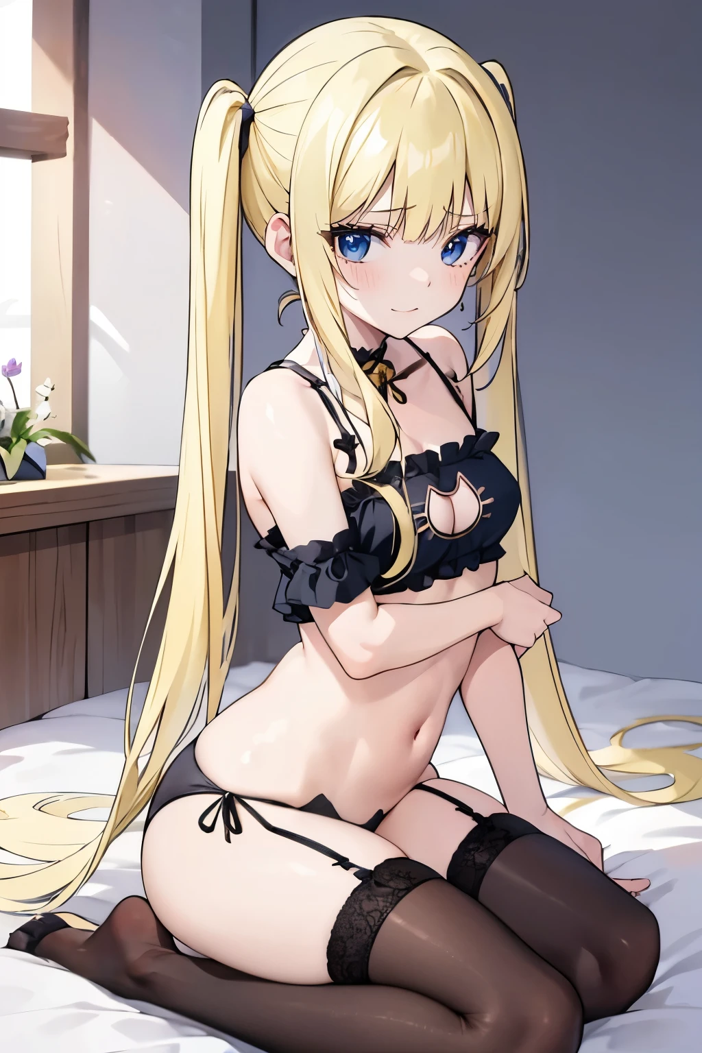 masterpiece, solo girl, (young female body:1.4), ( medium small breasts), cowboy shot, flustered, yellow golden hair, extra gold long pigtails hair, thick wavy hair, hime cut, blunt bangs, crystal blue eyes, light blue detailed eyes, bedroom background, black cat lengerie, black lingerie, cat pose, cat lingerie, cleavage cutout, black stockings, black lingerie skirt, garter straps, kneeling on bed,