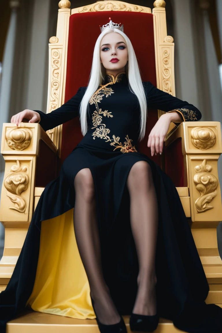 realistic photo,full body shot,a chinese girl has long white straight hair,ultra-detailed, hyper details, delicate detailed, intricate details, cinematic light,Backlights,  from below, perfect body,  glowing yellow eyes,emperor, black see-through clothes,crown, sitting on Throne, slightly close eyes, looking downward, turn head, shy, makeup, high contrast,colorful,