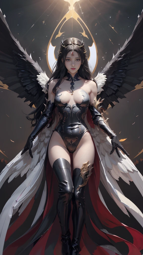 (highest god, Great Demon Lord), (Realistic picture, highest resolution, 16K), (A demon god with wide wings and enormous power on his shoulders., Twelve wings on the shoulders, 3 black bat wings:1.5, 3 white angel wings:1.5), 6 angel wings, 6 devil wings, (สาวสวยlong hairสองเมตร, shiny black hairงาม, Smooth white skin, Lips are very red.), ((stand, already)), (, หัวBig tits), (gigc breast, breast tation, 400 cc., small waist raised, small thighs, Long legs), (dynamic poses), (Armor that slightly conceals the body), Separate theme, (Angel wings and devil wings), floating in the air above the groundดิน, background darkness, Embraced with twelve wings, wearing a large king crown, crown shining bright, wears little armor, There is power coming out of the body., sparkling wings, white light black light, amazing wings, beautiful gesture, 8K resolution, Resolution 4000 x 2250 pixels, beautiful gesture, Angel wings and devil wings, (Realistic picture, highest resolution, 16K), (A demon god with wide wings and enormous power on his shoulders.., Twelve wings on the shoulders., black bat wings:1.3 white angel wings:1.5), Angel wings and bat wings, wings inserted between wings, 12 wings, wings, 6 bat wings, (สาวสวยlong hairสองเมตร, shiny black hair, Smooth white skin, Lips are very red.), very long hair, ((stand, toe)), (big breastsโต, หัวBig tits), (gigantic br waist, hips raised, s thighs, Long legynamic poses), (black and white leotard, There are beautiful patterns., Decorated with gold embroidery., Show off your chest), Separate theme, (Angel Wings and Demon Lord Wings), floating in the air above the ground, standบนแสง, background darkness, Embraced with twelve wings, white and black light crown, A rainbow glow on the back of the head, The most busty breasts, Big tits, universe backdrop, dynamic gesture, twings lders, baon shoulder, angel wings on shoulder, Demon Lord wings on shoulder, 12 wings, twelve wings, White wings, black wings, long hair, (wings fully spread out), (2 levels of devil wings, 2 levels of divine wings), The wings alternate layers perfectly., (((ชั้นปีกนางฟ้าสีขาวสลับชั้นกับblack bat wings, 6 floors))), All wings spread up,