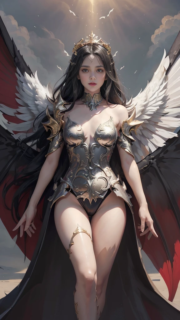 (highest god, Great Demon Lord), (Realistic picture, highest resolution, 16K), (A demon god with wide wings and enormous power on his shoulders., Twelve wings on the shoulders, 3 black bat wings:1.5, 3 white angel wings:1.5), 6 angel wings, 6 devil wings, (สาวสวยlong hairสองเมตร, shiny black hairงาม, Smooth white skin, Lips are very red.), ((stand, already)), (big breasts, หัวBig tits), (gigantic breast, breast augmentation, Breast 400 cc., small waist, hips raised, small thighs, Long legs), (dynamic poses), (Armor that slightly conceals the body), Separate theme, (Angel wings and devil wings), floating in the air above the groundดิน, background darkness, Embraced with twelve wings, wearing a large king crown, crown shining bright, wears little armor, There is power coming out of the body., sparkling wings, white light black light, amazing wings, beautiful gesture, 8K resolution, Resolution 4000 x 2250 pixels, beautiful gesture, Angel wings and devil wings, (Realistic picture, highest resolution, 16K), (A demon god with wide wings and enormous power on his shoulders.., Twelve wings on the shoulders., black bat wings:1.3 white angel wings:1.5), Angel wings and bat wings, wings inserted between wings, 12 wings, 6 angel wings, 6 bat wings, (สาวสวยlong hairสองเมตร, shiny black hair, Smooth white skin, Lips are very red.), very long hair, ((stand, toe)), (big breastsโต, หัวBig tits), (gigantic breast, small waist, hips raised, small thighs, Long legs), (dynamic poses), (black and white leotard, There are beautiful patterns., Decorated with gold embroidery., Show off your chest), Separate theme, (Angel Wings and Demon Lord Wings), floating in the air above the ground, standบนแสง, background darkness, Embraced with twelve wings, white and black light crown, A rainbow glow on the back of the head, The most busty breasts, Big tits, universe backdrop, dynamic gesture, thin, wings on shoulders, bat wings on shoulder, angel wings on shoulder, Demon Lord wings on shoulder, 12 wings, twelve wings, White wings, black wings, long hair, (wings fully spread out), (2 levels of devil wings, 2 levels of divine wings), The wings alternate layers perfectly., (((ชั้นปีกนางฟ้าสีขาวสลับชั้นกับblack bat wings, 6 floors))), All wings spread up,