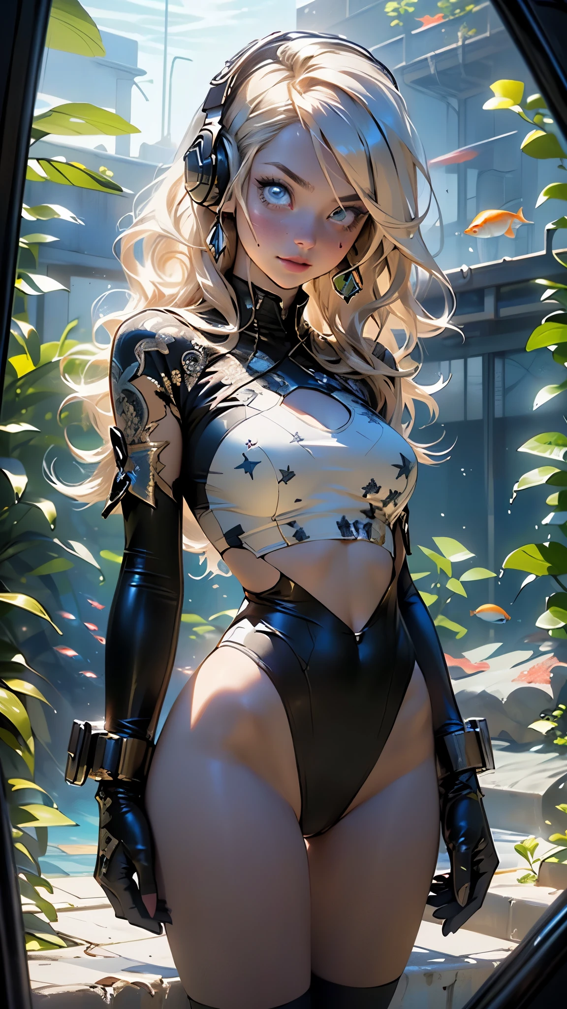 steampunk girl,((girl with extremely cute and beautiful blonde hair)),

(large breasts:1.4),saggy breasts,(((very light blonde hair:1.35,straight hair,long hair:1.4,colored inner hair,ear breathing))),((heterochromia:1.5, (pink_eye and yellow_eye))),intricate eyes,beautiful detailed eyes,symmetrical eyes,((fat)),(((lustrous skin:1.5,bright skin: 1.5,skin tanned,shiny skin,very shiny skin,shiny body,plastic glitter skin,exaggerated shiny skin,illuminated skin,))),(spider lower abdomen,narrow waist,wide hip,athletic body,inflated legs, thick thighs,detailed body,(detailed face)),

cute,slutty,seductive,erotic,((nsfw)),

zettai ryouiki,((two-piece swimsuit magenta,wearing a bikini outfit:1.3,steampunk bikini)),(steampunk headphones:1.5,steampunk cyber gloves:1.5,huge steampunk mech-gloves),((wet clothes,intricate outfit,intricate clothes,intricate swimsuit, intricate bikini)),

(dynamic pose:1.0),embarrassed,(centered,scale to fit dimensions,Rule of thirds),

((factory with solar panels, glass domes, white rooms and glass roofs showing that they are under the ocean)),scenery:1.25,((intricate scenery)),((((Aquarium in the background)))),

(Glossy steampunk ornaments),highres,sharp focus,(ultra detailed,extremely detailed),(photorealistic artwork:1.37),(extremely detailed CG unity 8k wallpaper),(((vibrant colors,vibrant theme))),(intricate),(masterpiece),(best quality),artistic photography,(photography taken by sldr),(intricate background),perfect rendered face,perfect face details,realistic face,photo realistic,((intricate detail)),(((realism))),
