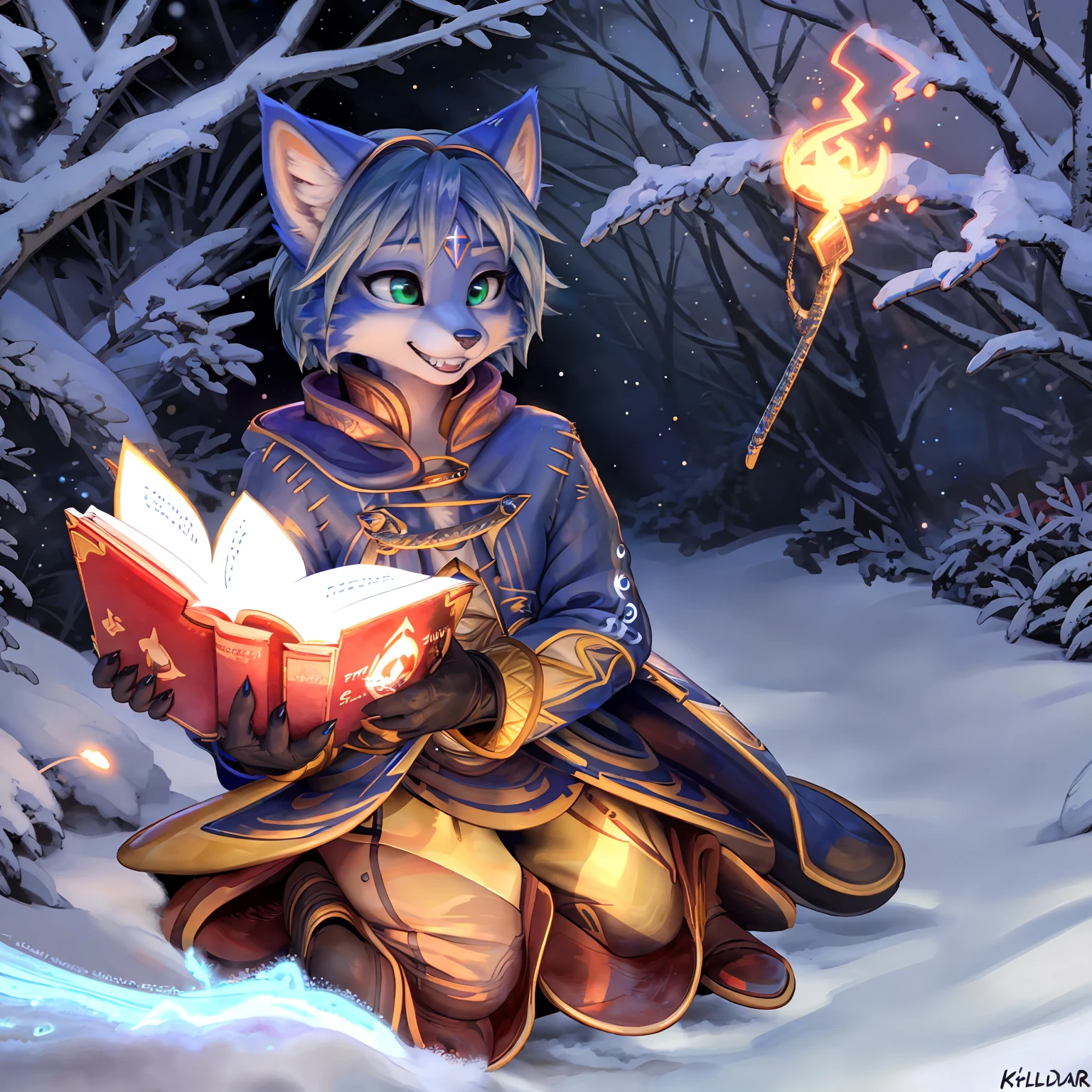 A beautiful and detailed (sweet picture) wa ((krystal)), Star Fox Krystal, sslim, lovable, green eyes, medium breasts, (((Long blue hair 1.3))),  ((black hair tips)), Decollete, grin, look up,, anthro, furry, Uploaded E621, detailed fluffy fur, (wa Fluff-Kevlar, Bayard Wu, personalize me, Pino Daeni), detailed face, (fluffy), 1 girl, alone, sweet girl, alone, mage, gown, Hose, gloves, feminine, holds a magic book in his hand