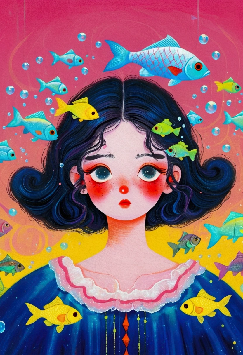 Pastel Art Illustration：A painting of a woman with fish in her hair,Bubbles， Jin Nong&#39;s Surrealism, Winner of the Behance competition, Pop surrealism, Color illustrations, A beautiful artistic illustration, Colorfull illustration, Pop surrealism art style, Digital illustration style, Fantasy illustrations, Illustration Art, Magical surrealism, Digital fantasy illustration, Pop surrealism lowbrow art style,Solid color background