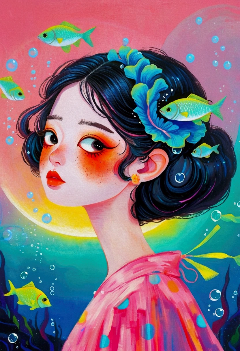 Pastel Art Illustration：A painting of a woman with fish in her hair,Bubbles， Jin Nong&#39;s Surrealism, Winner of the Behance competition, Pop surrealism, Color illustrations, A beautiful artistic illustration, Colorfull illustration, Pop surrealism art style, Digital illustration style, Fantasy illustrations, Illustration Art, Magical surrealism, Digital fantasy illustration, Pop surrealism lowbrow art style,Solid color background
