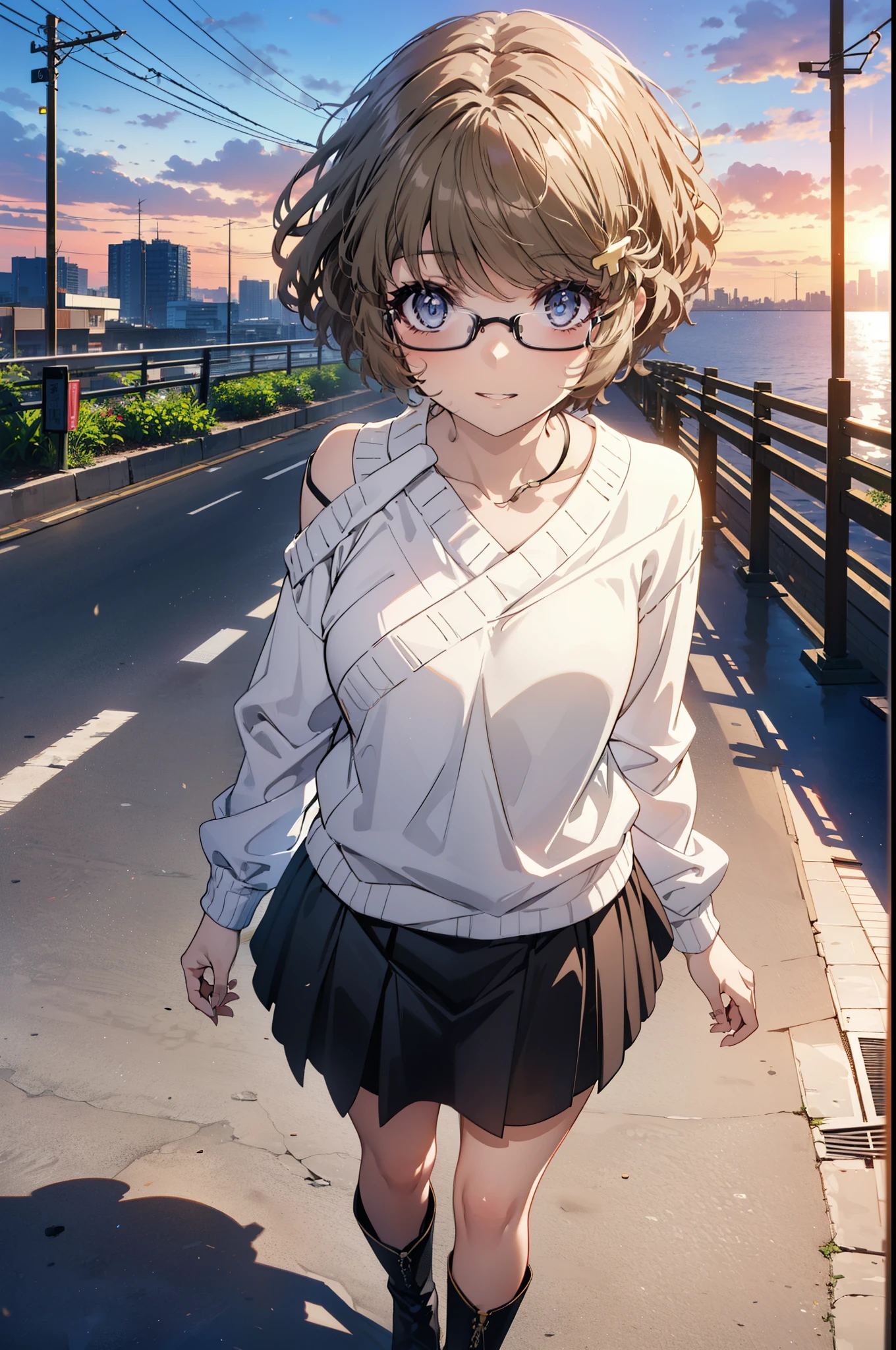 tomoekoga, Chie Koga, short hair, Brown Hair, blue eyes, Hair Clip,smile,One-shoulder sweater,Long skirt,short boots,Black-rimmed glasses,Walking,morning,morning陽,The sun is rising,whole bodyがイラストに入るように,
break outdoors, Building district,
break looking at viewer, whole body,
break (masterpiece:1.2), Highest quality, High resolution, unity 8k wallpaper, (figure:0.8), (Beautiful attention to detail:1.6), Highly detailed face, Perfect lighting, Highly detailed CG, (Perfect hands, Perfect Anatomy),