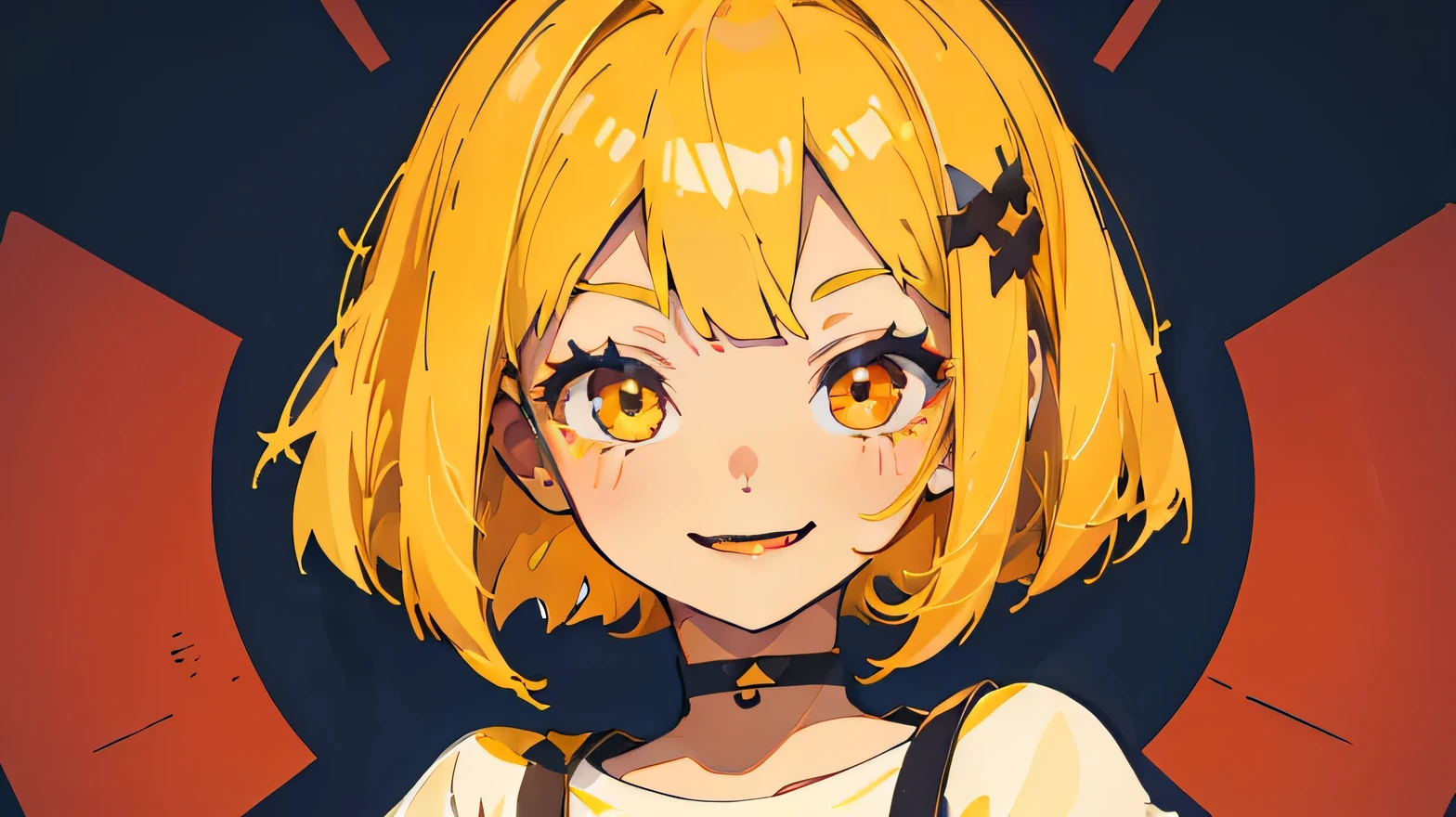  (masterpiece, Highest quality), one cute girl, the girl wearing (t-shirts), yellow Eyes, yellow hair, bob cut, hair ornament, hair intakes, ((big smile)), (((bold outline))), Vector art, flat color, watercolor style