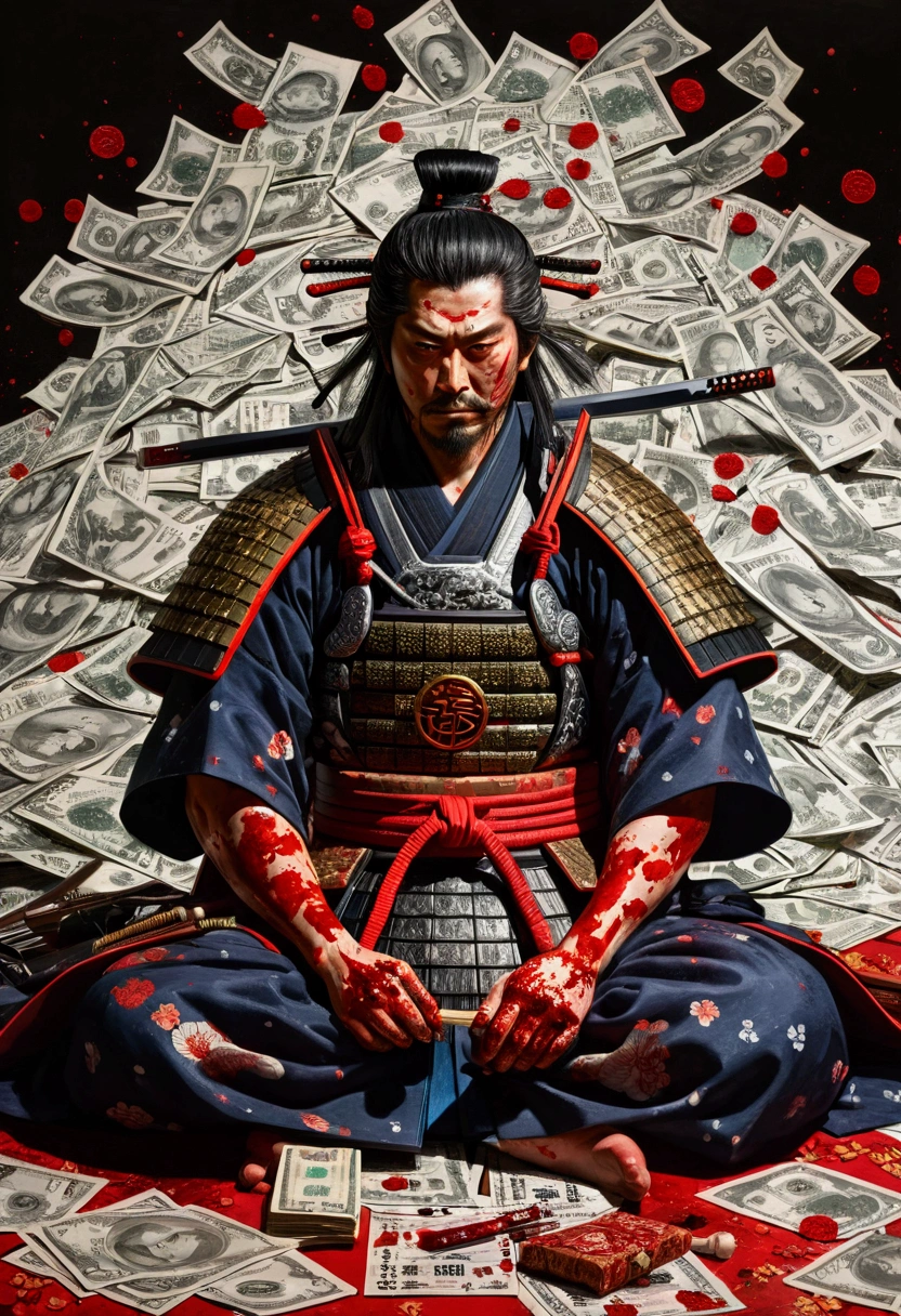 A bloody Japanese samurai lies on top of a pile of bills　Bloodshot, angry eyes　Eyes with detailed descriptions　Soul calming　The End of Japan　A timid Japanese　art　水彩art