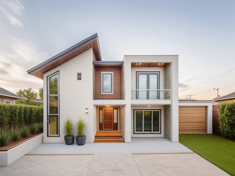 RAW photo,Masterpiece, high quality, best quality, authentic, super detail,
exterior, outdoors, house style modern on the streets with white wall, glass windows, wooden ceiling, decorative brick array, fence gate, trees, road, beautiful summer sky, straight roof