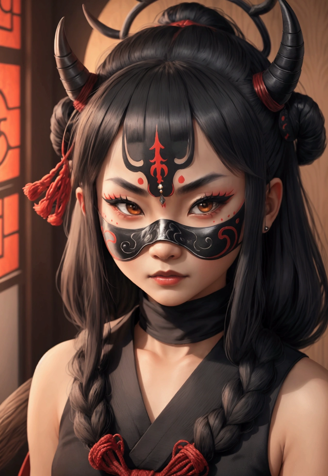 SH4G0D, Female shaman,Wearing a wooden mask,sportrait,inside in room,Deep gold straight,Cat ears