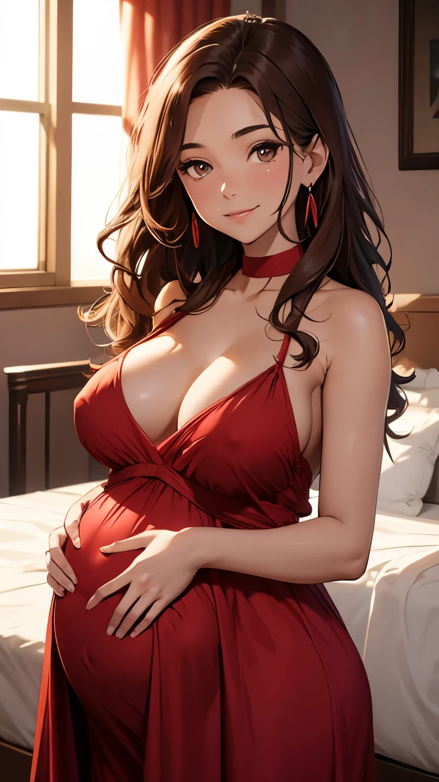 Masterpiece, best quality, 1girl, mature woman, long brown hair, beauty brown eyes, (night at bedrooms), beauty wavy hair, (( sexy red night gown, topless )), big tits, (stiff nipples, breastfeeding), clevage, seductive smile, pregnant, blushing, upperbody, close-up, (lying on bed), person of view, tits view, chokers, earrings, volumetric lighting, warm lighting