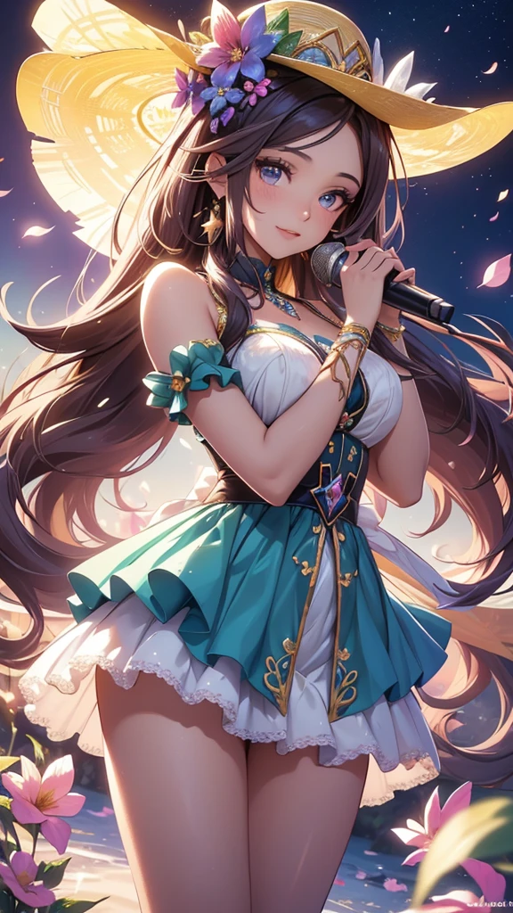(best quality,4k,8k,highres,masterpiece:1.2),ultra-detailed,(realistic,photorealistic,photo-realistic:1.37),acrylic painting,beautiful Brazilian model in a Lolita dress with downy hair,beautiful Brazilian model with extremely colorful hair and detailed facial features,beautiful Brazilian model standing in a beautiful garden surrounded by a starry sky,brown hair,beautiful Brazilian model wearing a vibrant Lolita dress,beautiful Brazilian model with intricate accessories and a matching hat,beautiful Brazilian model posing gracefully with her hands on her hips,beautiful Brazilian model with long flowing twintails,beautiful Brazilian model with bright blue eyes and rosy lips,beautiful Brazilian model with a joyful expression,beautiful Brazilian model in a dynamic pose with cherry blossoms falling around her,beautiful Brazilian model surrounded by colorful flowers and butterflies,beautiful Brazilian model's dress adorned with cute bows and lace details,beautiful Brazilian model with an enchanting smile,beautiful Brazilian model with soft, pastel-colored shading,beautiful Brazilian model with a magical glow illuminating her,beautiful Brazilian model in a picturesque setting with a winding path leading to a magnificent castle,beautiful Brazilian model holding a microphone and singing passionately,beautiful Brazilian model with a fairytale-like background,beautiful Brazilian model with a soft, dreamy atmosphere,beautiful Brazilian model with a subtle bokeh effect,beautiful Brazilian model standing under a moonlit sky,beautiful Brazilian model with a warm, golden sunset in the background,beautiful Brazilian model surrounded by twinkling stars and colorful nebulae,creating an ethereal and captivating artistic masterpiece.