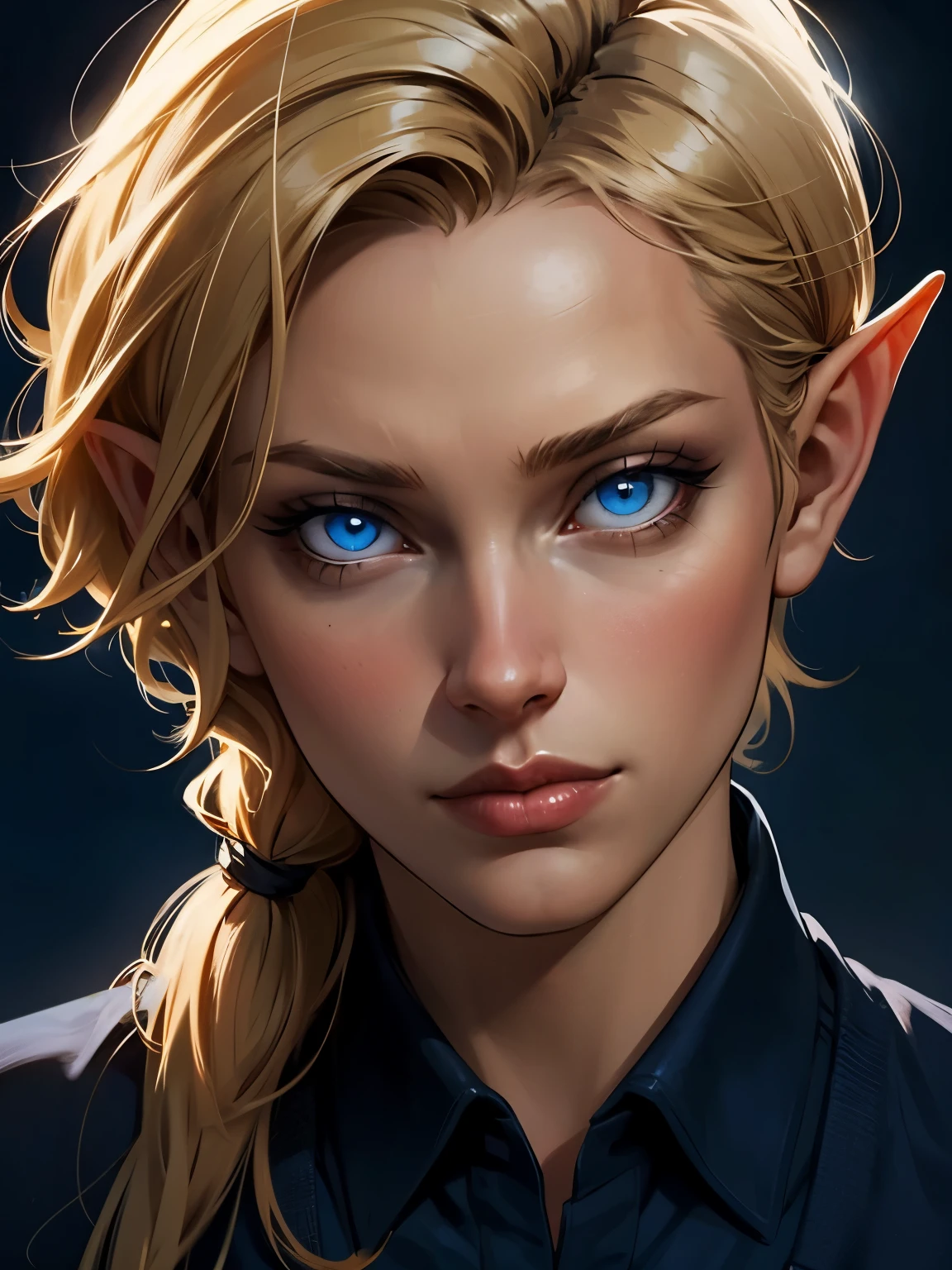 beautiful blond elven woman in her 30s, with blue eyes and striking features, exuding maturity and allure in a seductive pose.(dark-blue background), pointy ears, glowing eyes, beauty, blond long hair,blond short hair ,blond medium hair ,an14