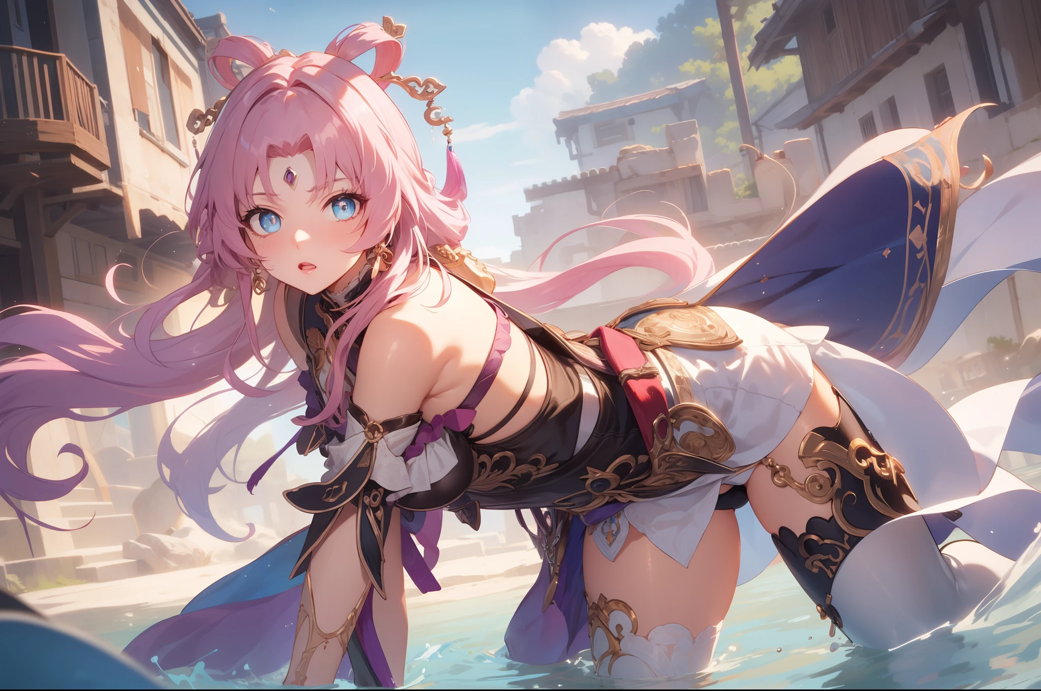 (masterpiece, best quality:1.2), highres, high resolution, solo, 1girl, yae miko, pink hair, side locks, long hair, purple eyes, smile, looking at viewer, naked , nude, no clothes, large butt, large ass, (back view, back, ass focus, butt focus), looking behind, peeking, hands in hair, large breast, large boobs, large chest, crazy smile, bare shoulders, portrait shot, upper body shot, BREAK outdoors, standing, standing in water, hot spring, legs, thighs, butt, ass, alluring butt, alluring ass, blur background, beautiful face, perfect fingers, perfect anatomy. PORTRAIT SHOT, masterpiece, high quality.