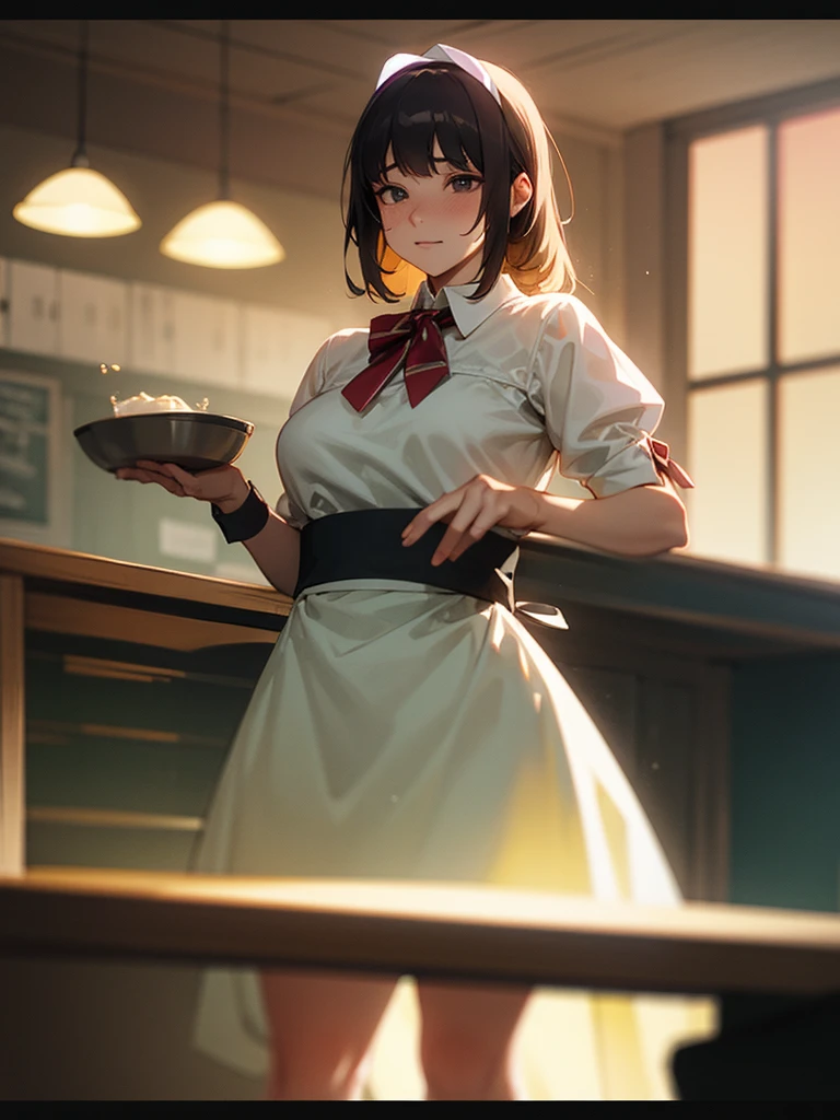 (Sumilux f1.4 50mm , low Latitude old color negative film , cross process , bokeh, flare, chromatic aberration , soft focus, (Shallow focus) , soft glow , Maximum aperture, low Key , Transparent depiction) , pornhub style , coquettish , Clumsy Cafe clerk milf , open blouse, apron, skirt , heart is beating fast with anticipation , Drop and break dishes , pee
