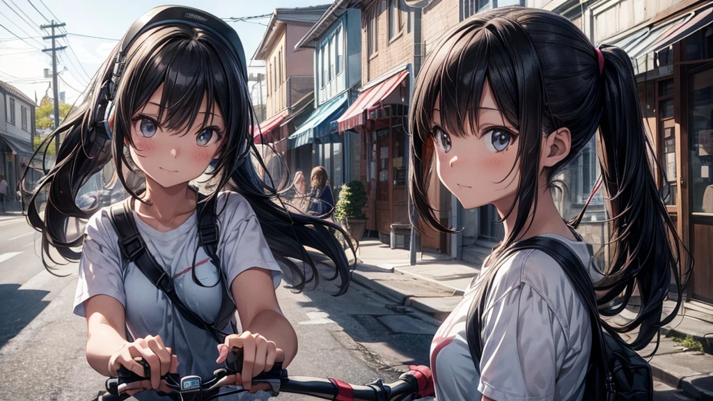 Anime-style portrait of a girl adorned with oversized headphones, riding a bike and hold the grip with both hands in a small town street, slight smile on her face, gaze directed towards the far place, mbodying good weather, atmospheric softness envelopes the environment, low fidelity detailing with elements suggesting a hard disk theme, soft atmosphere, sunny day vibes, The character on the left side of the middle framed is smaller than the overall picture, background subtly hinting at a relaxed small town life, digital painting, ultra-fine details, volumetric lighting, cinematic feel, Soft colors