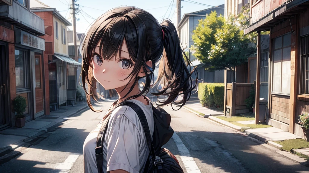 Anime-style portrait of a girl adorned with oversized headphones, riding a bike and hold the grip with both hands in a small town street, slight smile on her face, gaze directed towards the far place, mbodying good weather, atmospheric softness envelopes the environment, low fidelity detailing with elements suggesting a hard disk theme, soft atmosphere, sunny day vibes, The character on the left side of the middle framed is smaller than the overall picture, background subtly hinting at a relaxed small town life, digital painting, ultra-fine details, volumetric lighting, cinematic feel, Soft colors