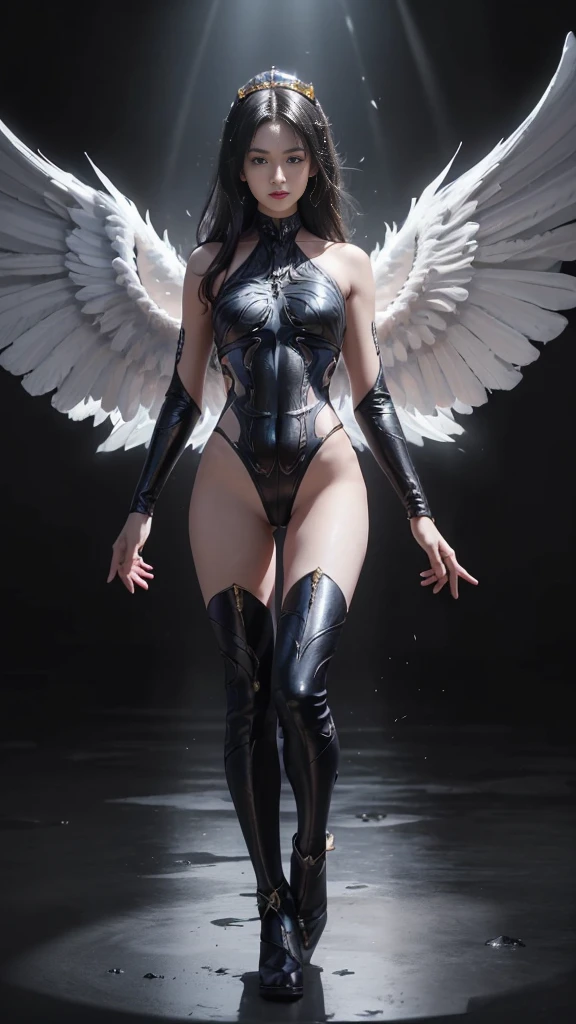 (highest god, Great Demon Lord), (Realistic picture, highest resolution, 16K), (A demon god with wide wings and enormous power on his shoulders., Twelve wings on the shoulders, 3 black bat wings:1.5, 3 white angel wings:1.5), 6 angel wings, 6 devil wings, (สาวสวยlong hairสองเมตร, shiny black hairงาม, Smooth white skin, Lips are very red.), ((stand, already)), (big breasts, หัวBig tits), (gigantic breast, breast augmentation, Breast 400 cc., small waist, hips raised, small thighs, Long legs), (dynamic poses), (Armor that slightly conceals the body), Separate theme, (Angel wings and devil wings), floating in the air above the groundดิน, background darkness, Embraced with twelve wings, wearing a large king crown, crown shining bright, wears little armor, There is power coming out of the body., sparkling wings, white light black light, amazing wings, beautiful gesture, 8K resolution, Resolution 4000 x 2250 pixels, beautiful gesture, Angel wings and devil wings, (Realistic picture, highest resolution, 16K), (A demon god with wide wings and enormous power on his shoulders.., Twelve wings on the shoulders., black bat wings:1.3 white angel wings:1.5), Angel wings and bat wings, wings inserted between wings, 12 wings, 6 angel wings, 6 bat wings, (สาวสวยlong hairสองเมตร, shiny black hair, Smooth white skin, Lips are very red.), very long hair, ((stand, toe)), (big breastsโต, หัวBig tits), (gigantic breast, small waist, hips raised, small thighs, Long legs), (dynamic poses), (black and white leotard, There are beautiful patterns., Decorated with gold embroidery., Show off your chest), Separate theme, (Angel Wings and Demon Lord Wings), floating in the air above the ground, standบนแสง, background darkness, Embraced with twelve wings, white and black light crown, A rainbow glow on the back of the head, The most busty breasts, Big tits, universe backdrop, dynamic gesture, thin, wings on shoulders, bat wings on shoulder, angel wings on shoulder, Demon Lord wings on shoulder, 12 wings, twelve wings, White wings, black wings, long hair, (wings fully spread out), (2 levels of devil wings, 2 levels of divine wings), The wings alternate layers perfectly., (((ชั้นปีกนางฟ้าสีขาวสลับชั้นกับblack bat wings, 6 floors))), All wings spread up,