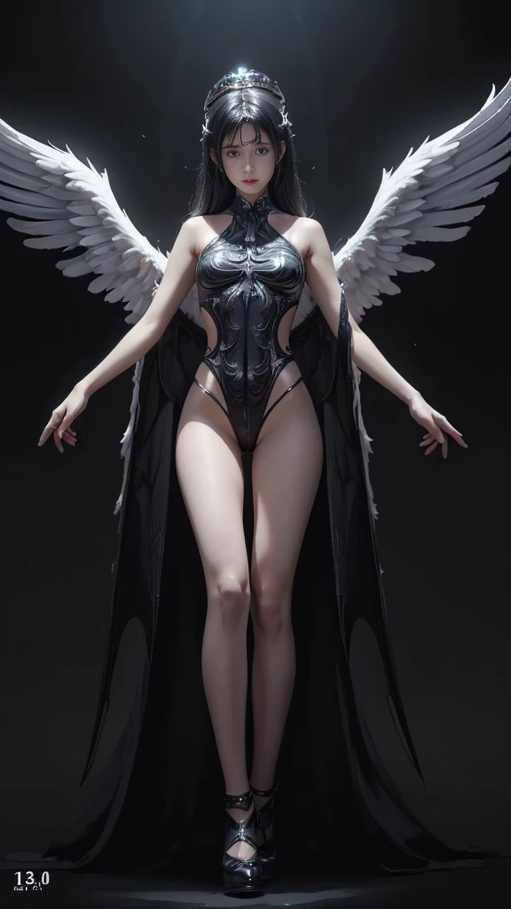 ((Highest quality、8k、masterpiece:1.3))、Japan Maiden，Full body picture of a sexy angel woman standing with her arms down、((Angel of the Gothic Punk World、Prayer Pose))、((Mechanical Wings))、((Full body portrait、Front view)),The image color is black.、Best image quality，Ultra Clear，The facial features are delicate and well defined，Exquisite detail，Slim body、Small breasts、Small Ass、Exposed abdomen、Upright pose、Black Hair、Bob Style、Cropped bangs、Anatomical、Facial muscles、elegant、Beautiful background、Octane Rendering,Cathedral
