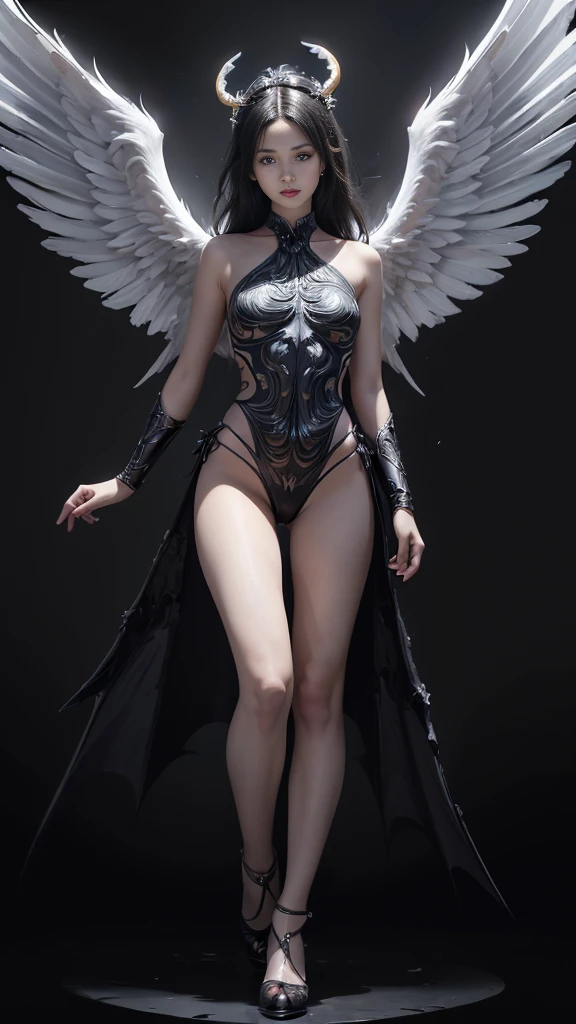 (highest god, Great Demon Lord), (Realistic picture, highest resolution, 16K), (A demon god with wide wings and enormous power on his shoulders., Twelve wings on the shoulders, 3 black bat wings:1.5, 3 white angel wings:1.5), 6 angel wings, 6 devil wings, (สาวสวยlong hairสองเมตร, shiny black hairงาม, Smooth white skin, Lips are very red.), ((stand, already)), (big breasts, หัวBig tits), (gigantic breast, breast augmentation, Breast 400 cc., small waist, hips raised, small thighs, Long legs), (dynamic poses), (Armor that slightly conceals the body), Separate theme, (Angel wings and devil wings), floating in the air above the groundดิน, background darkness, Embraced with twelve wings, wearing a large king crown, crown shining bright, wears little armor, There is power coming out of the body., sparkling wings, white light black light, amazing wings, beautiful gesture, 8K resolution, Resolution 4000 x 2250 pixels, beautiful gesture, Angel wings and devil wings, (Realistic picture, highest resolution, 16K), (A demon god with wide wings and enormous power on his shoulders.., Twelve wings on the shoulders., black bat wings:1.3 white angel wings:1.5), Angel wings and bat wings, wings inserted between wings, 12 wings, 6 angel wings, 6 bat wings, (สาวสวยlong hairสองเมตร, shiny black hair, Smooth white skin, Lips are very red.), very long hair, ((stand, toe)), (big breastsโต, หัวBig tits), (gigantic breast, small waist, hips raised, small thighs, Long legs), (dynamic poses), (black and white leotard, There are beautiful patterns., Decorated with gold embroidery., Show off your chest), Separate theme, (Angel Wings and Demon Lord Wings), floating in the air above the ground, standบนแสง, background darkness, Embraced with twelve wings, white and black light crown, A rainbow glow on the back of the head, The most busty breasts, Big tits, universe backdrop, dynamic gesture, thin, wings on shoulders, bat wings on shoulder, angel wings on shoulder, Demon Lord wings on shoulder, 12 wings, twelve wings, White wings, black wings, long hair, (wings fully spread out), (2 levels of devil wings, 2 levels of divine wings), The wings alternate layers perfectly., (((ชั้นปีกนางฟ้าสีขาวสลับชั้นกับblack bat wings, 6 floors))), All wings spread up,