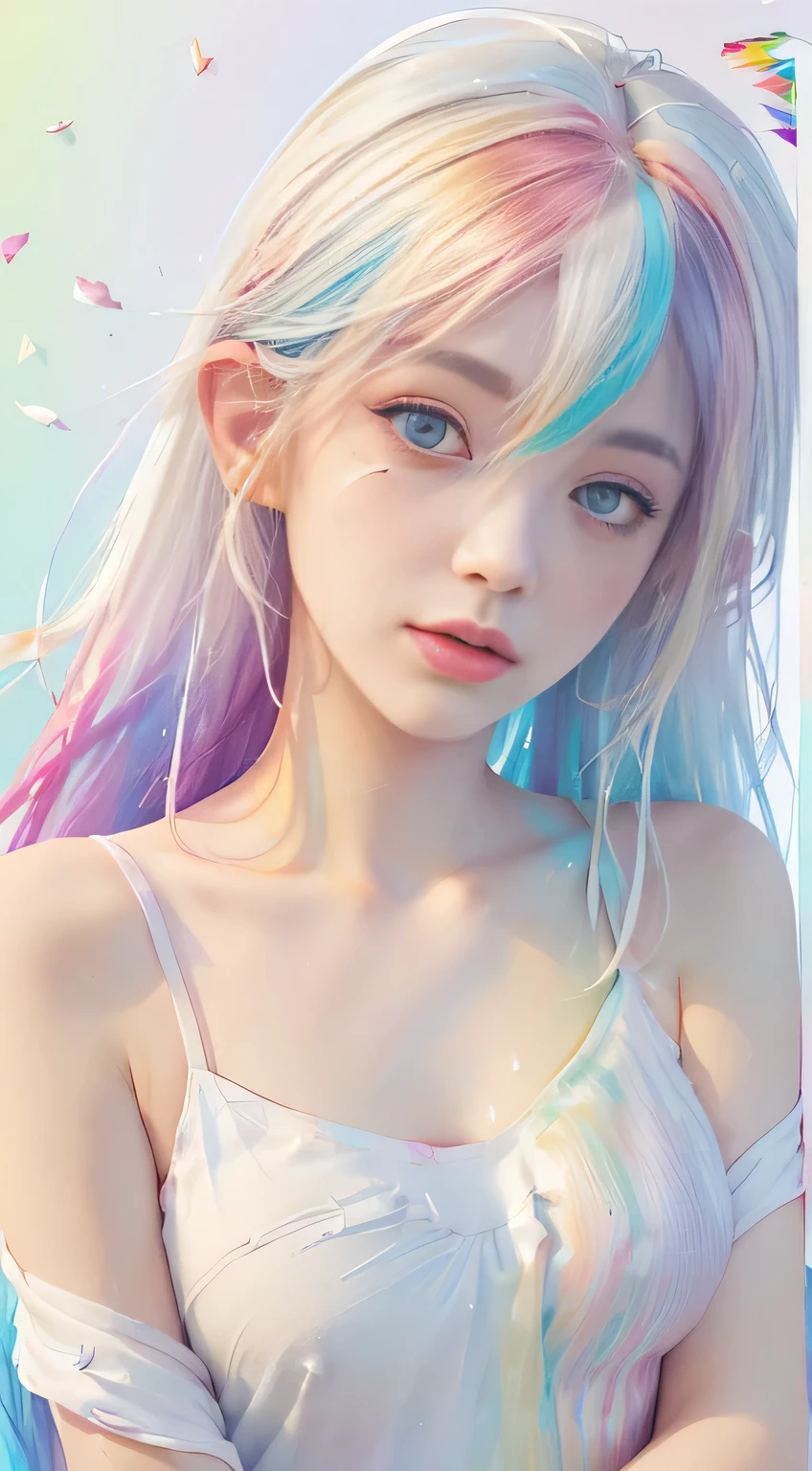 (Pink Fashion T-shirt:1.9),(Colorful hair: 1.8), (all the colours of the rainbow: 1.8),(((((vertical painting:1.6))), (painting:1.6),front, comics, illustrations, paintings, large eyes, crystal clear eyes,( rainbow color gradient high ponytail:1.7), exquisite makeup, closed mouth,(Small Fresh: 1.5),(Wipe Chest: 1.6) ,long eyelashes, white off shoulder T-shirt, White Shoulder Shirt,looking at the audience, large watery eyes, (rainbow colored hair:1.6), color splash, (solo:1.8), color splash, color explosion, thick paint style, messy lines, ((shining)),(colorful), (colorful), (colorful), colorful, Thick Paint Style, (Splash) (Color Splash), Vertical Painting, Upper Body, Paint Splash, Acrylic Pigment, Gradient, Paint, Highest Image Quality, Highest Quality, Masterpiece, Solo, Depth of Field, Face Paint, colorful clothes, (Elegant: 1.2), gorgeous,long hair, wind, (Elegant: 1.3), (Petals: 1.4),(((masterpiece))),(((best quality))),((ultra-detailed)),(illustration),(dynamic angle),((floating)),(paint),((disheveled hair)),(solo),(1girl) , (((detailed anima face))),((beautiful detailed face)),collar,bare shoulders,white hair, ((colorful hair)),((streaked hair)),beautiful detailed eyes,(Gradient color eyes),(((colorful eyes))),(((colorful background))),(((high saturation))),(((surrounded by colorful splashes))),(((huge breast)))