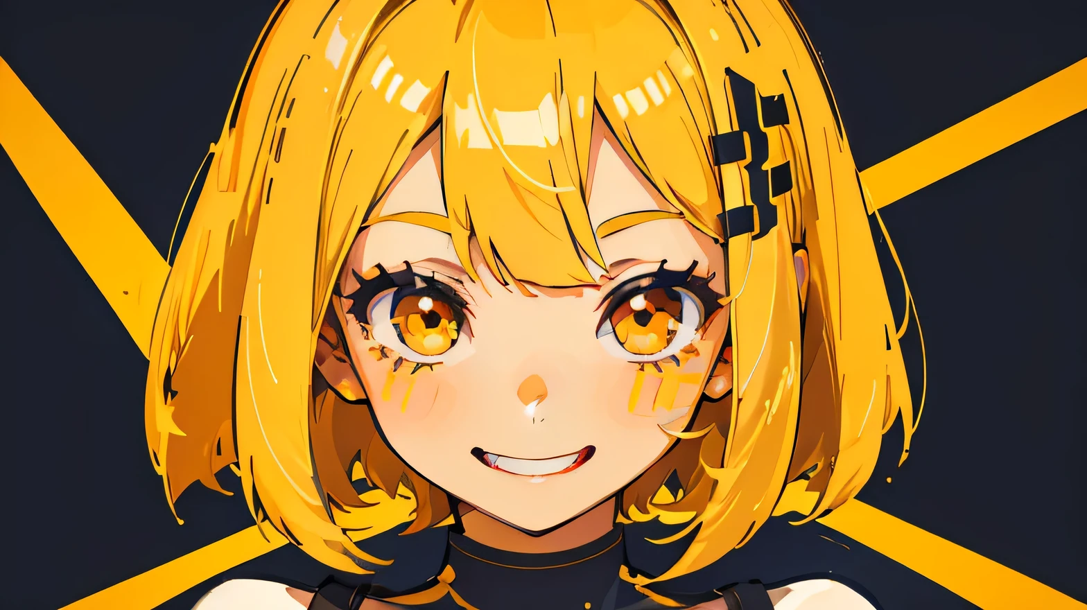  (masterpiece, Highest quality), one cute girl, the girl wearing (t-shirts), yellow Eyes, yellow hair, bob cut, hair ornament, hair intakes, ((big smile)), (((bold outline))), Vector art, flat color,