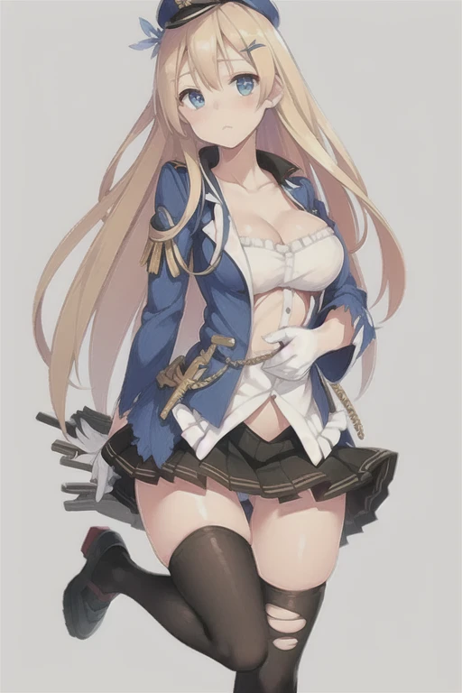 saratoga \(warship girls r\)，((masterpiece)),(((best quality))),((ultra-detailed)),((illustration)),((disheveled hair)),((frills)),(1 girl),(solo), 1girl, black legwear, blonde hair, blue eyes, blush, breasts, broken, burnt clothes, closed mouth, collarbone, damaged, gradient, hair ornament, hat, long hair, long sleeves, looking at viewer, medium breasts, military hat, panties, pleated skirt, shirt, shoes, single shoe, skirt, solo, tears, thighhighs, torn clothes, torn dress, torn gloves, torn jacket, torn legwear, torn leotard, torn panties, torn shirt, torn skirt, torn sleeves, underwear, very long hair, white headwear, white panties