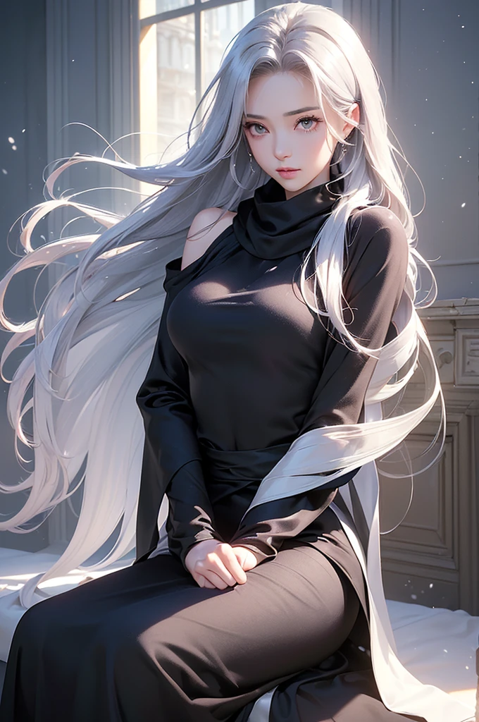 ((masterpiece:1.5、8k、Portraiture、フォトリアリスティックでVery detailedなCG、Very detailed、Particle Effects、Dynamic Effects、Shallow depth of field、Cinematic Light、Lens flare、Ray Tracing、Tabletop、Realistic:1.4、Ultra-high resolution:1.2、Realistic、Realistic))((alone、,A woman wearing a cashmere coat over an off-the-shoulder dress:1.4、wear a long scarf、Elegant woman posing、Detailed face、bright表情、young, bright, Whiter skin、Ample breasts、Best Looks、Ultimate beauty、Shiny silver hair with highlights、bright and shiny hair,、Super long, Silky straight hair、Hair dancing in the wind))(morning、indoors, winter, snow, fireplace、Sitting)