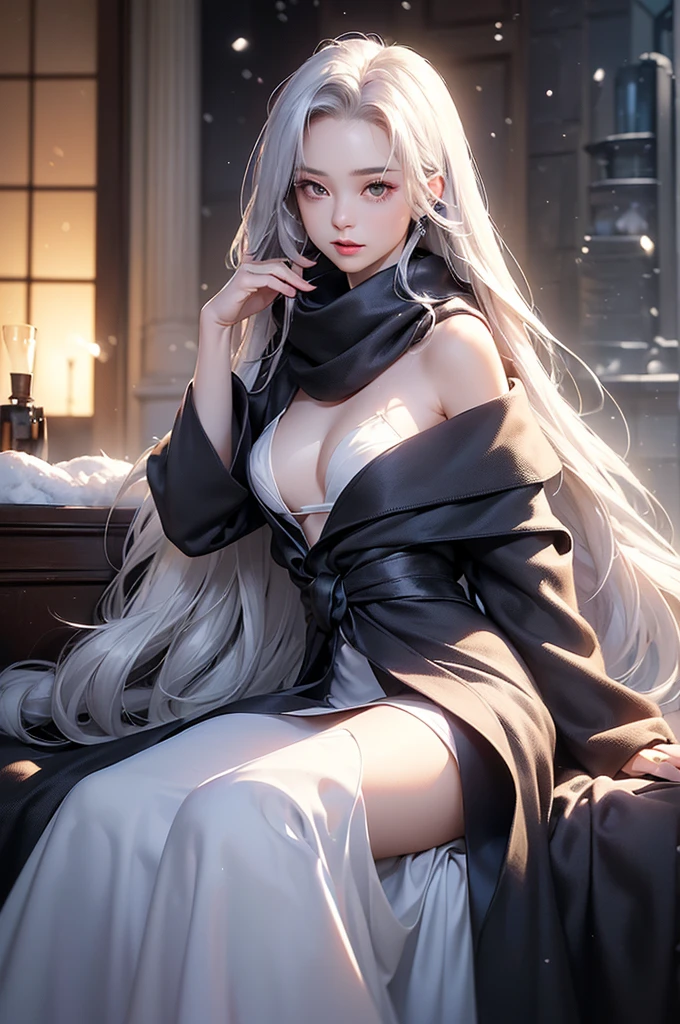 ((masterpiece:1.5、8k、Portraiture、フォトリアリスティックでVery detailedなCG、Very detailed、Particle Effects、Dynamic Effects、Shallow depth of field、Cinematic Light、Lens flare、Ray Tracing、Tabletop、Realistic:1.4、Ultra-high resolution:1.2、Realistic、Realistic))((alone、,A woman wearing a cashmere coat over an off-the-shoulder dress:1.4、wear a long scarf、Elegant woman posing、Detailed face、bright表情、young, bright, Whiter skin、Ample breasts、Best Looks、Ultimate beauty、Shiny silver hair with highlights、bright and shiny hair,、Super long, Silky straight hair、Hair dancing in the wind))(morning、indoors, winter, snow, fireplace、Sitting)