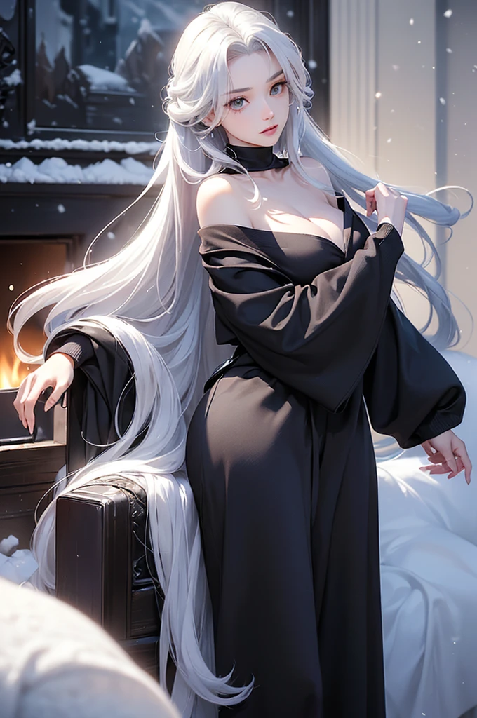 ((masterpiece:1.5、8k、Portraiture、フォトリアリスティックでVery detailedなCG、Very detailed、Particle Effects、Dynamic Effects、Shallow depth of field、Cinematic Light、Lens flare、Ray Tracing、Tabletop、Realistic:1.4、Ultra-high resolution:1.2、Realistic、Realistic))((alone、,A woman wearing a cashmere coat over an off-the-shoulder dress:1.4、wear a long scarf、Elegant woman posing、Detailed face、bright表情、young, bright, Whiter skin、Ample breasts、Best Looks、Ultimate beauty、Shiny silver hair with highlights、bright and shiny hair,、Super long, Silky straight hair、Hair dancing in the wind))(morning、indoors, winter, snow, fireplace、Sitting)
