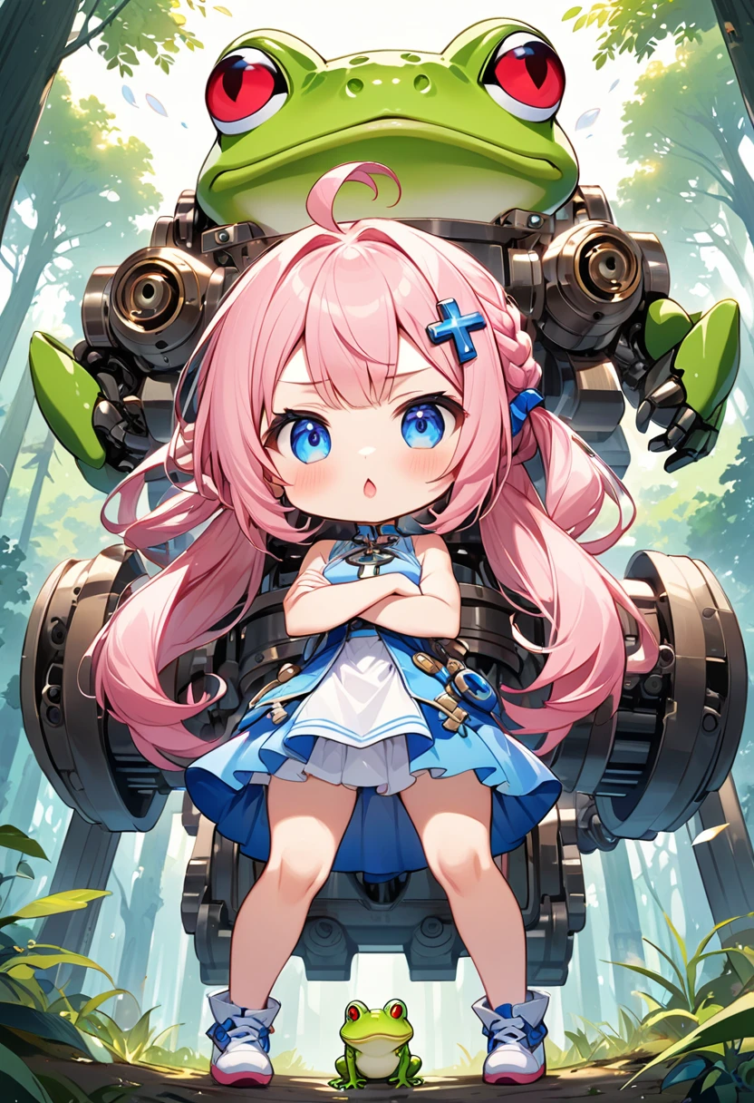 Highest quality、High resolution、Detailed Background、Beautiful face in every detail、Anatomically correct、Detailed facial expressions、fine grain、((full body, from below:1.8, side shot)), break ((少女とBig mechanical frogが向き合う:1.2)、(Chibi Girl:1.2))、Cute hair color、Big beautiful blue eyes、Fuller lips、Pink Lips、Braided twin tails、Ahoge、(A girl is talking to a frog:1.2)、(Cute sleeveless summer clotheini skirt、Cute sneakers)、break ((Spread your legs、Stand with your back straight、((Cross your arms:1.2))))、(Get angry、Close your mouth、Determined look:1.2)、break (The background is an ancient ruin、in the forest、((Big mechanical frog:1.2)))