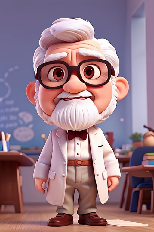 Pixar style image, short little man, 70 years old, He has a white beard, white mustache, frizzy white hair, teacher, wearing white coat and bow tie, wear glasses