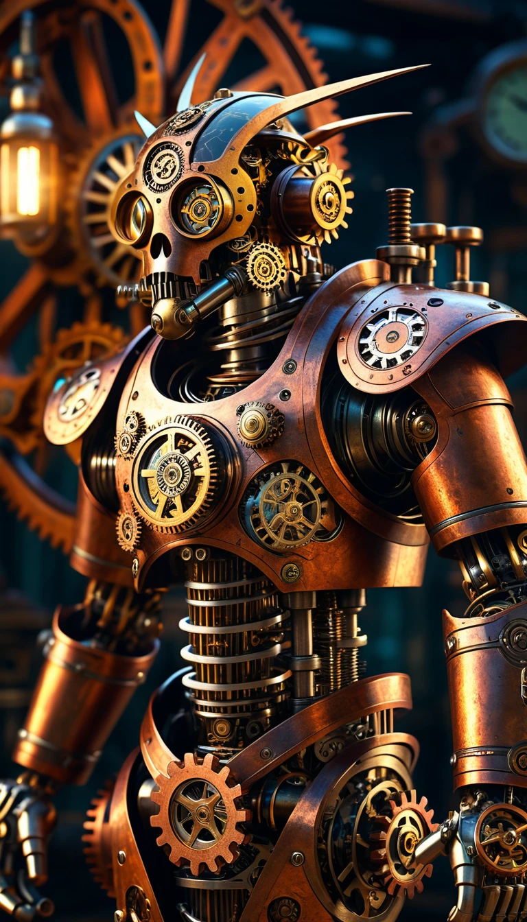 a steampunk pirate cyborg, mechanical creature, intricate gears and machinery, full body shot, highly detailed,a combination of an 18th century pirate and a mechanical creature, dramatic lighting, cinematic composition, (best quality,4k,8k,highres,masterpiece:1.2),ultra-detailed,(realistic,photorealistic,photo-realistic:1.37),cinematic, dramatic shadows, dramatic highlights, warm color tones, rust and aged metal textures, complex technical details, cyberpunk, science fiction, mechanical, intricate clockwork mechanisms, advanced technology, futuristic, steam-powered, (cog,gear:1.2), (machinery,clockwork:1.1), (character design:1.1), (character:1.1)
