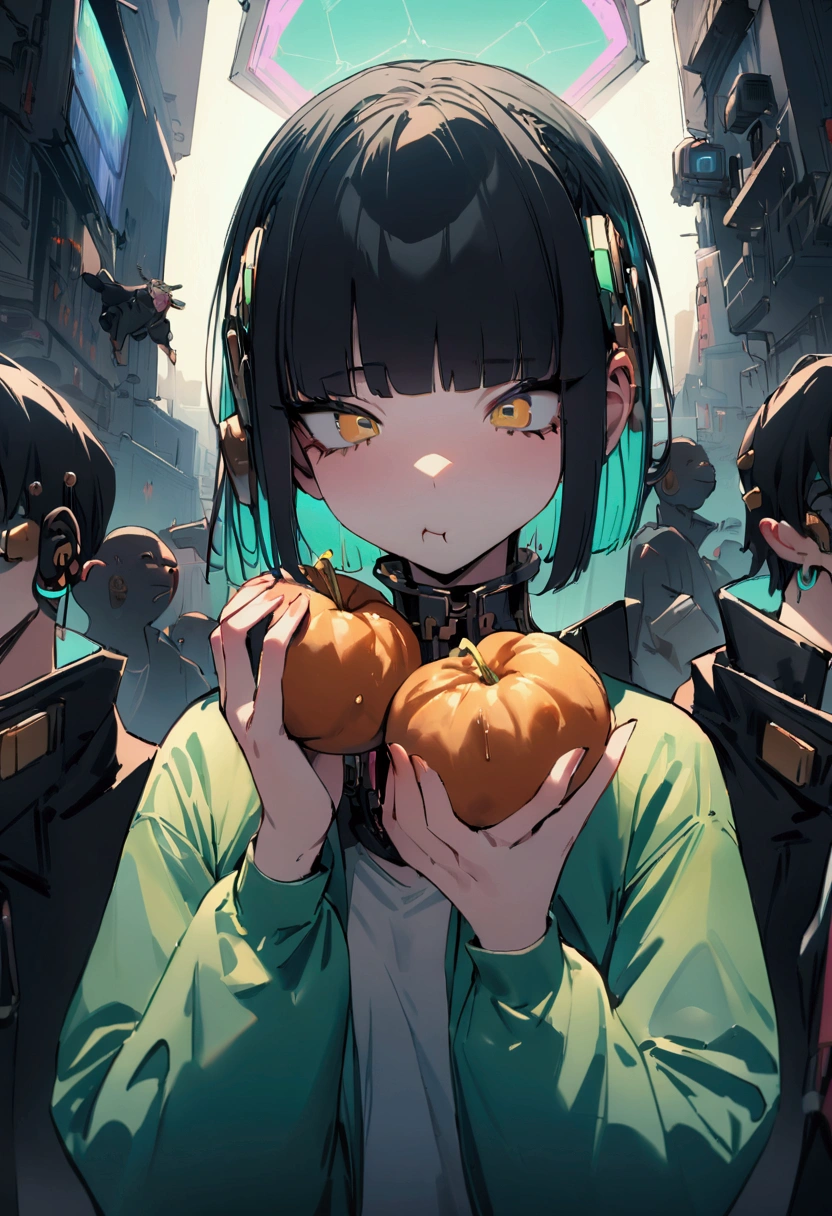 masterpiece,Highest quality,Super quality,cyber punk,He is eating his meal while ignoring what his friends are saying.,Gold and black hair